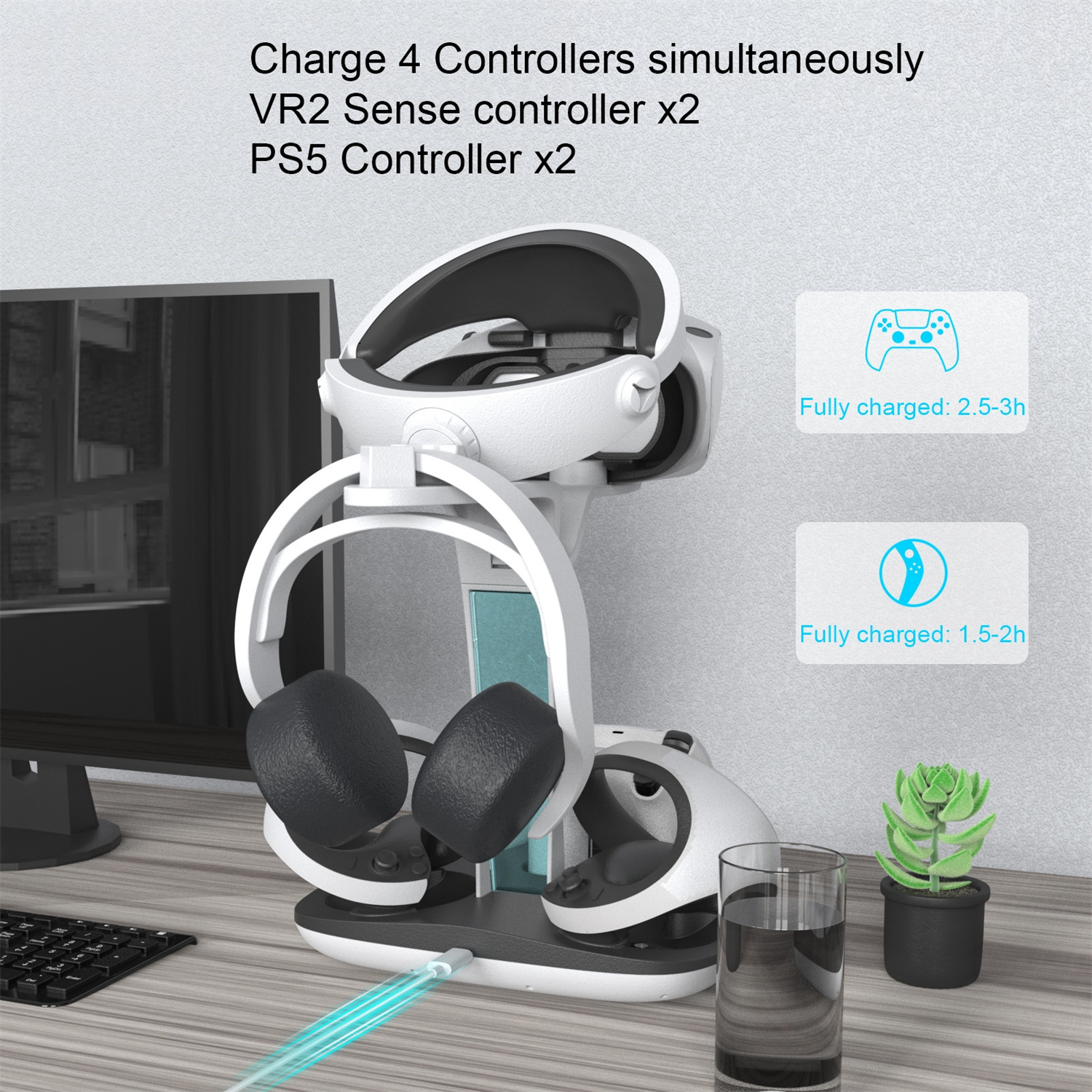 VR-Headset-Ladestation mit Headset und Controllern, mit Ladezustandsanzeigen.