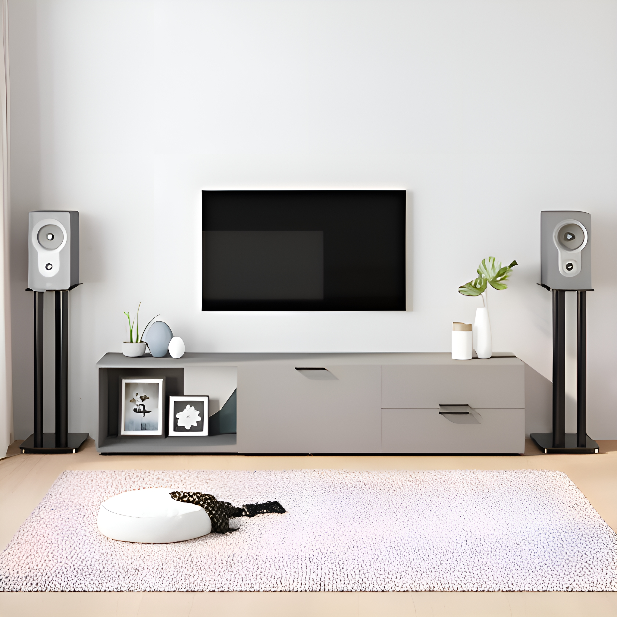 Wohnzimmer mit Lautsprechern, Fernseher, Konsole, Teppich und Dekoartikeln.