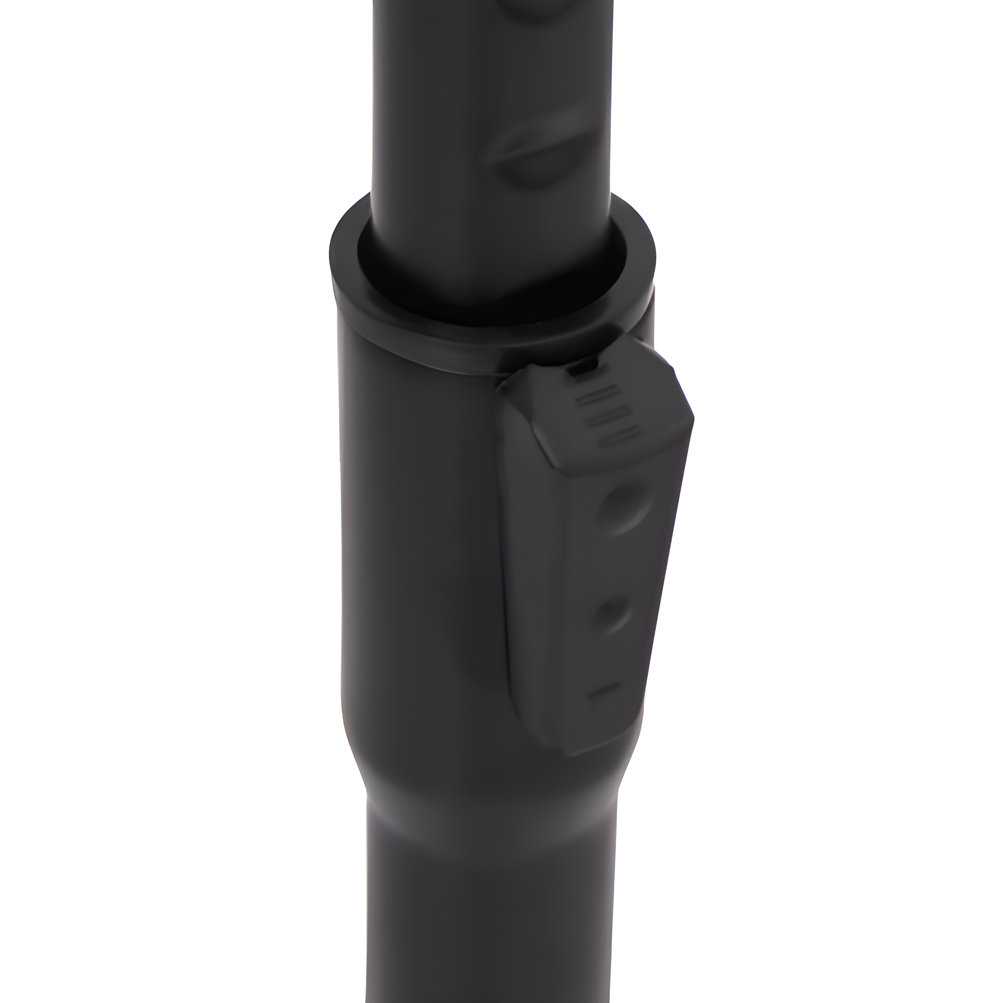 Schwarze Metallstange mit grauem Verstellclip, Nahaufnahme.