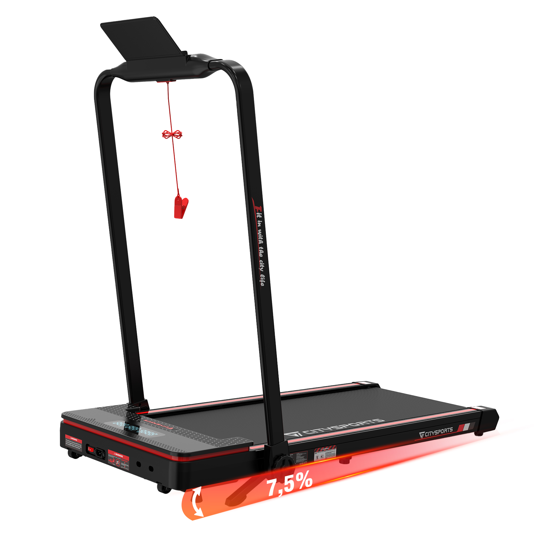 Czarna bieżnia z czerwonymi akcentami. Pokazuje 7,5% nachylenia. Posiada podpory i wyświetlacz.