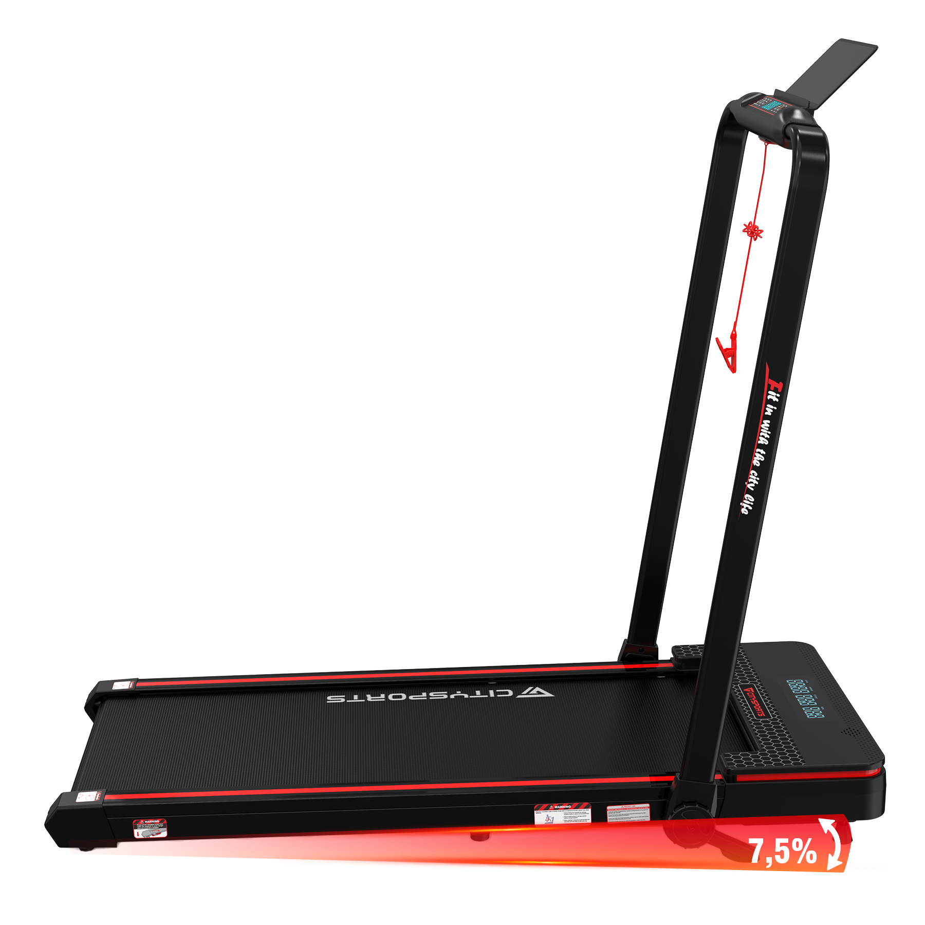 Czerwono-czarna bieżnia z ekranem i uchwytami. Nachylenie wynosi 7,5%.