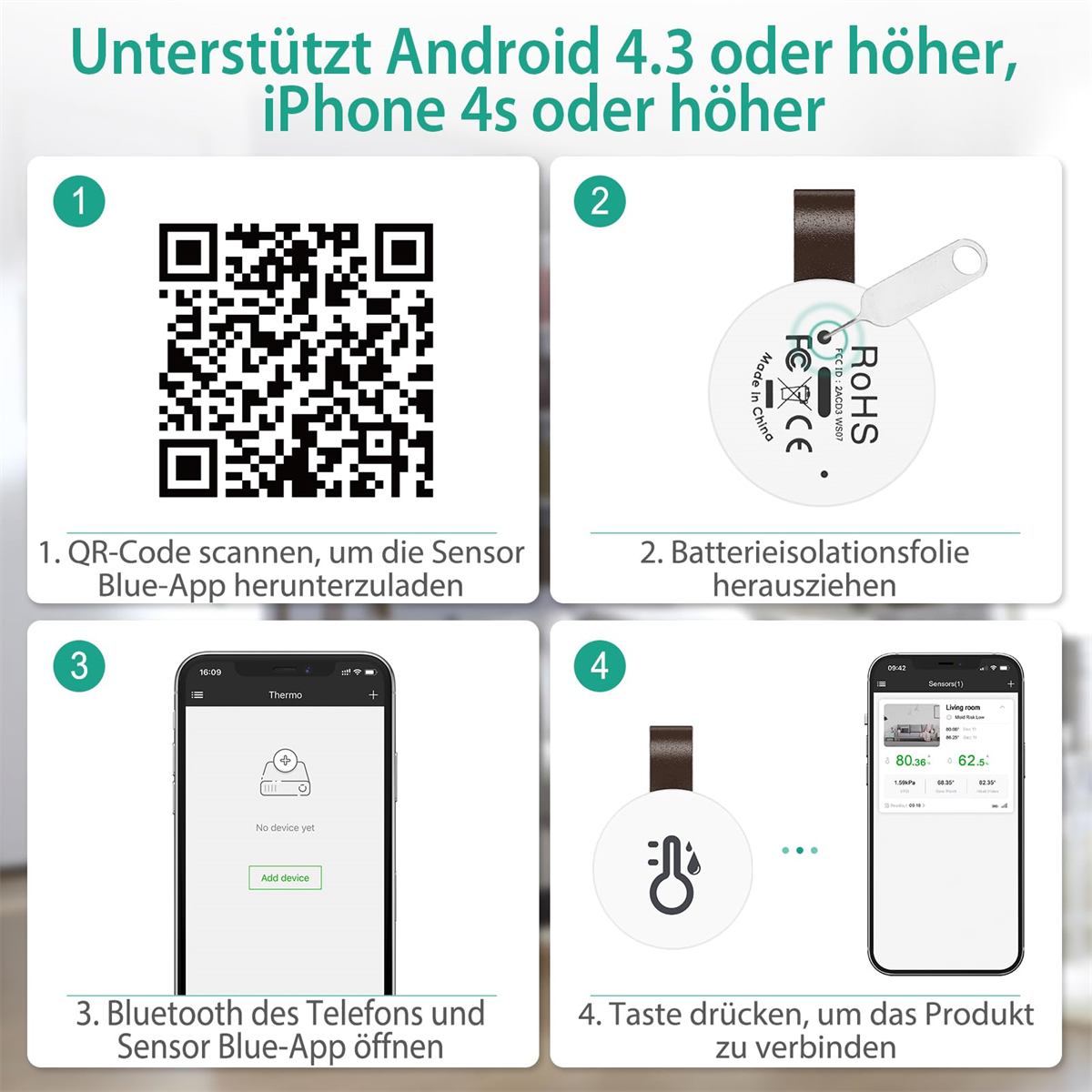 Bild, das Schritte zum Koppeln eines Blue-App-Sensors mit einem Telefon zeigt, mithilfe eines QR-Codes und Bluetooth.
