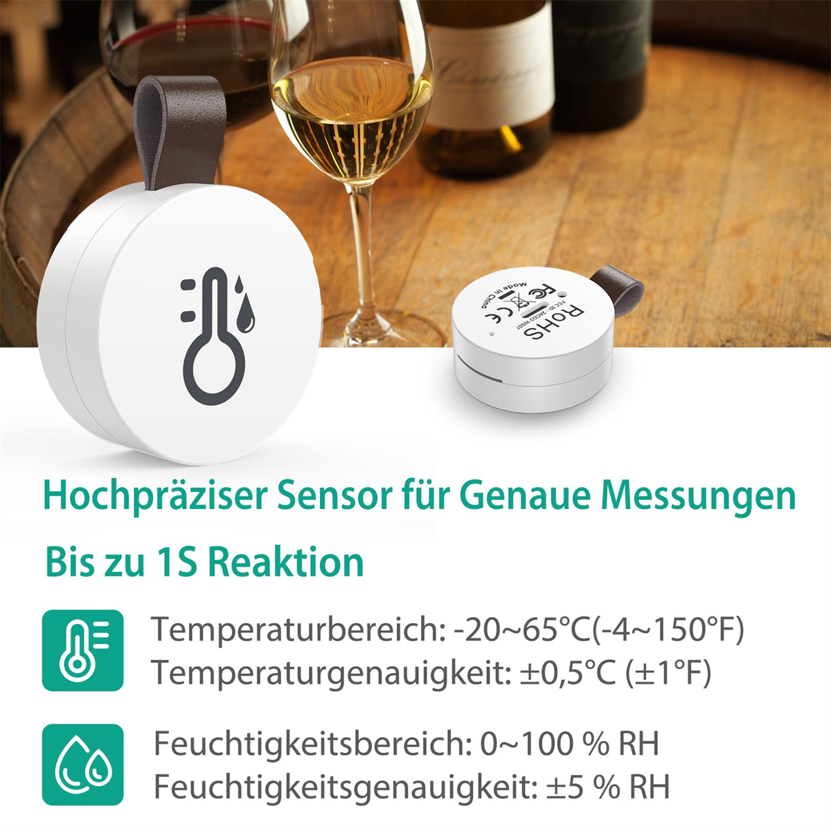 Weißer runder Sensor mit Text und zwei kleinen Sensoren. Weingläser und Flaschen im Hintergrund.