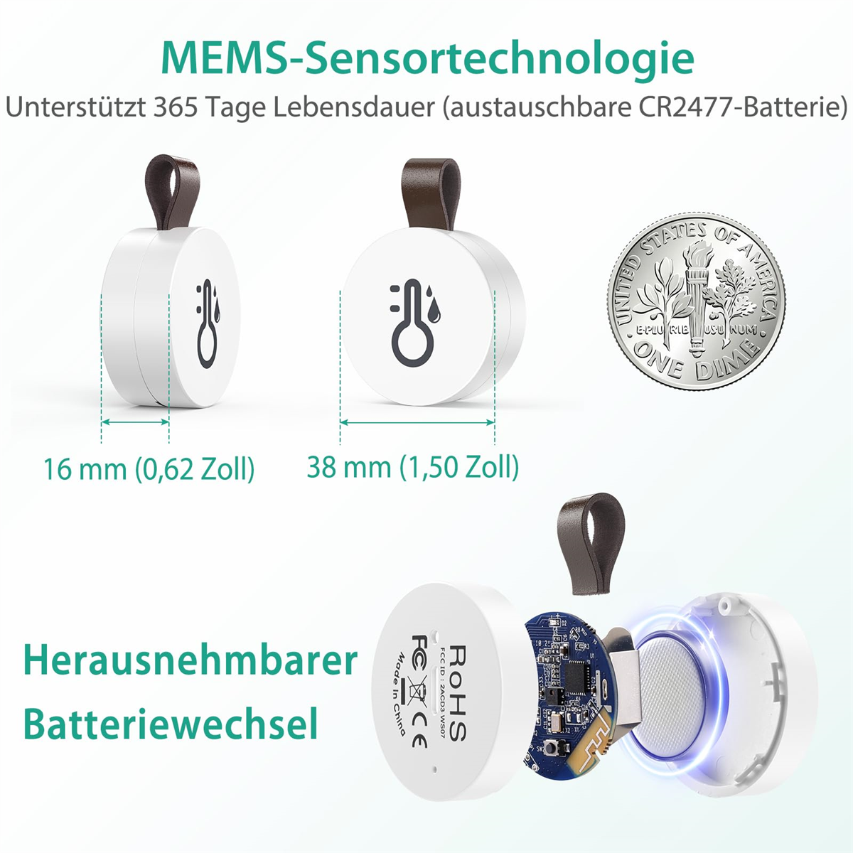 Zwei kleine weiße Geräte mit einem Zehn-Cent-Stück. Die Geräte haben ein Thermometer-Symbol. Text: MEMS-Sensortechnologie.