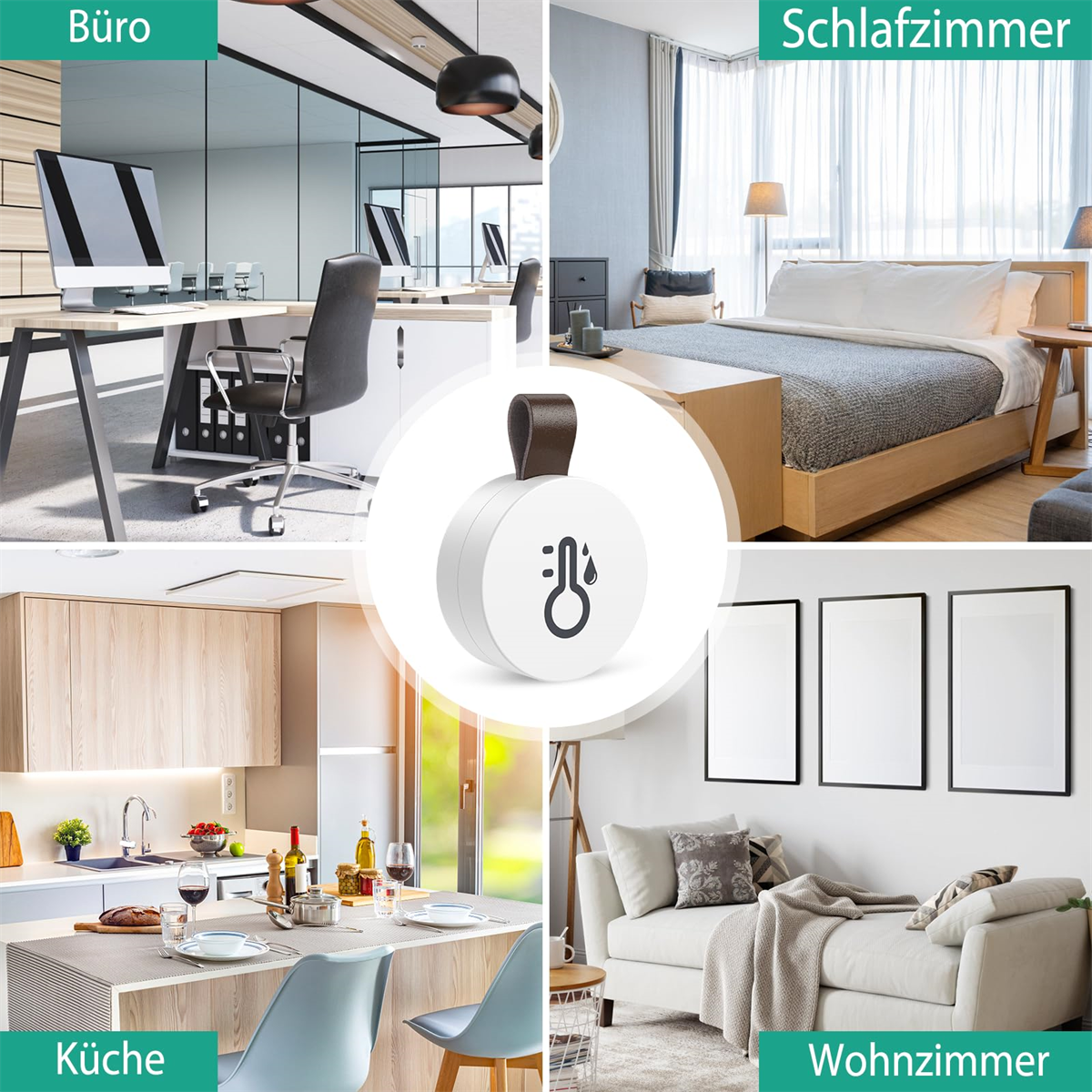 Vier Innenszenen: Büro, Schlafzimmer, Küche, Wohnzimmer, mit einem kleinen weißen Gerät in der Mitte.