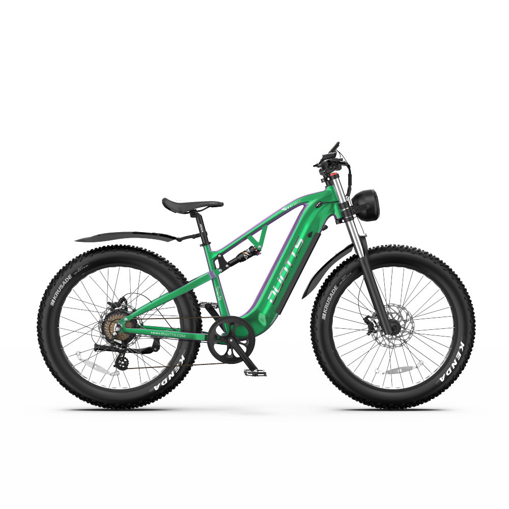 Grünes Elektrofahrrad mit dicken Reifen, schwarzen Kotflügeln und der Marke AURATIS.