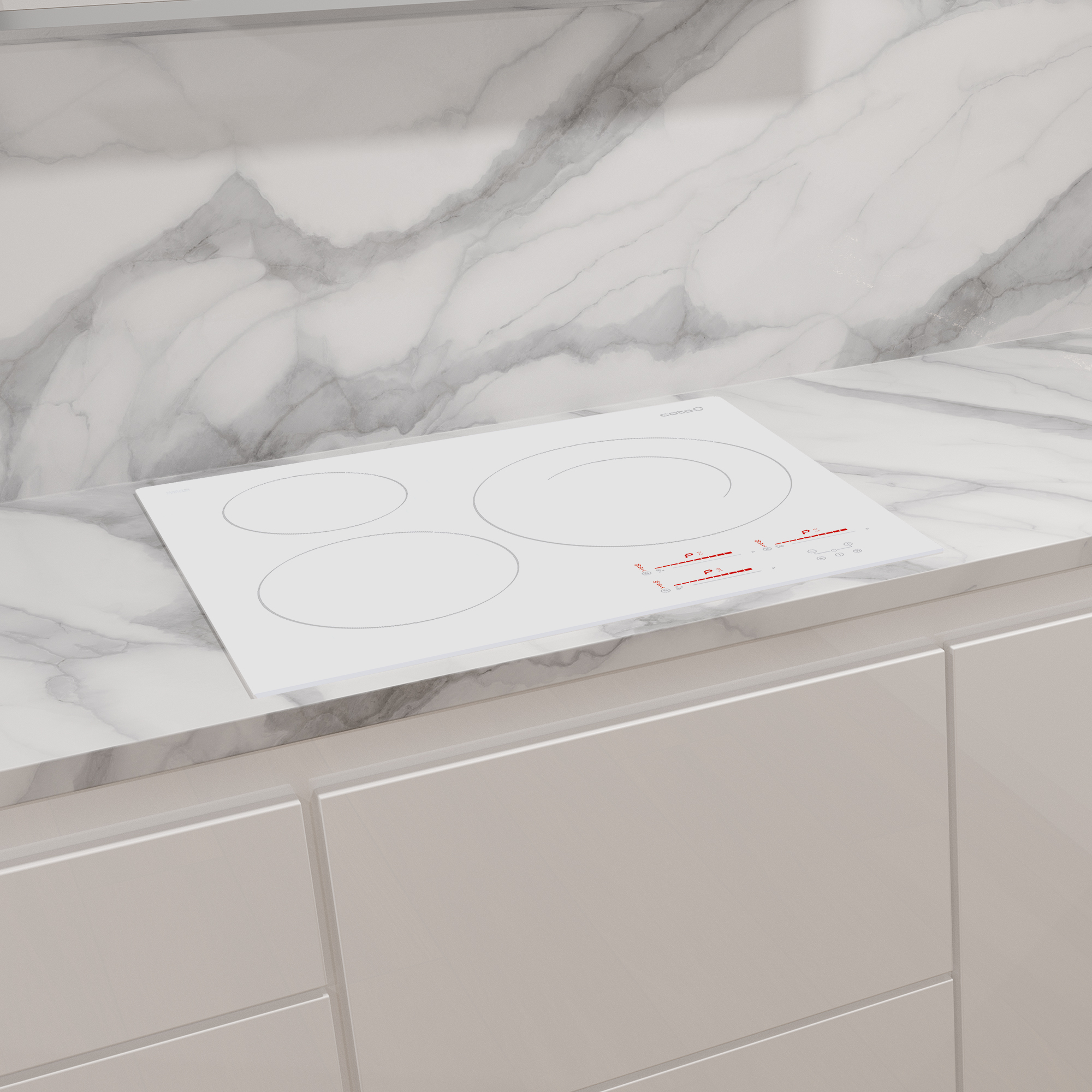 Biała płyta grzewcza na blacie. Cztery palniki oznaczone są czerwonymi liniami.