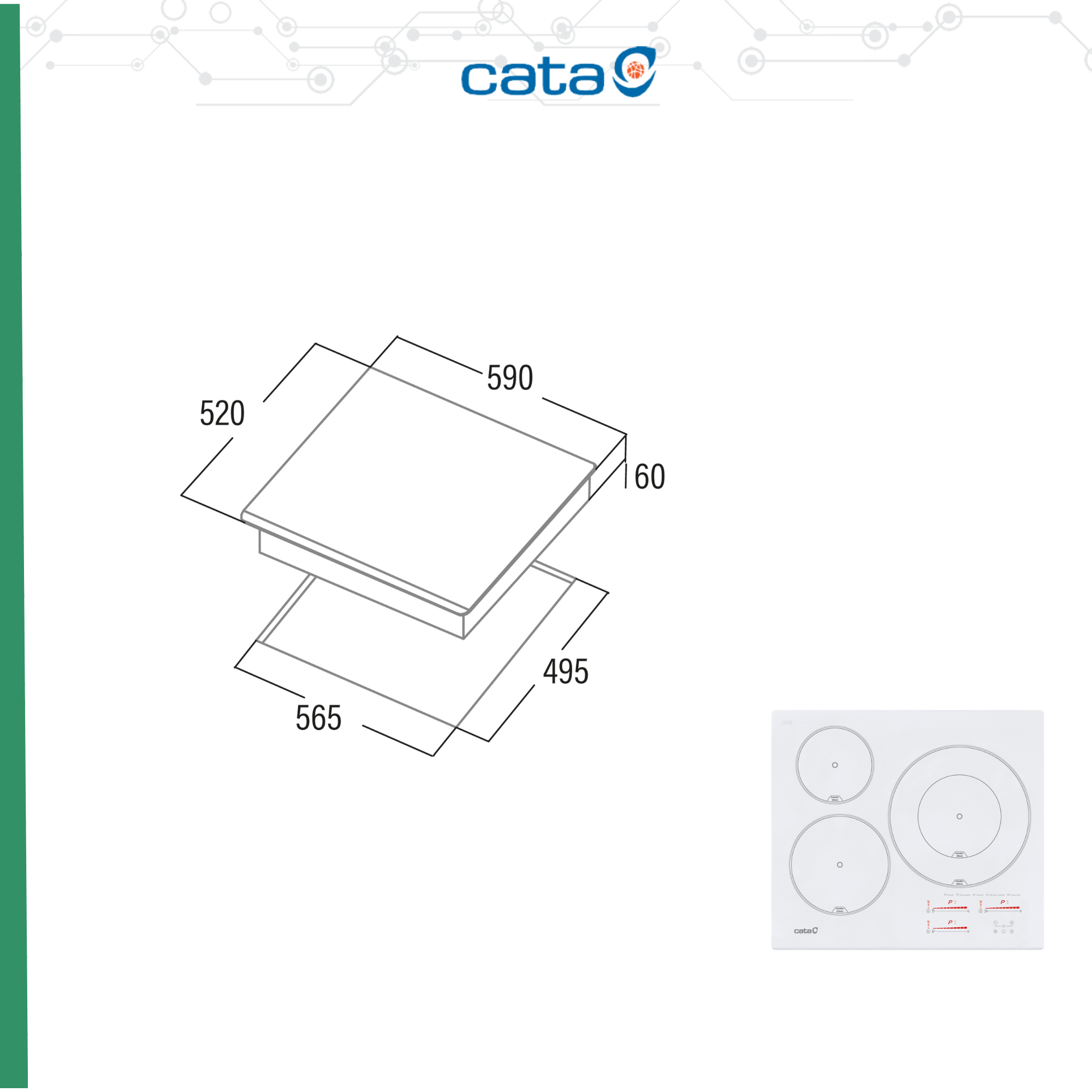 Biała płyta grzejna z czterema palnikami. Wyświetlane są również wymiary i rysunek techniczny płyty.