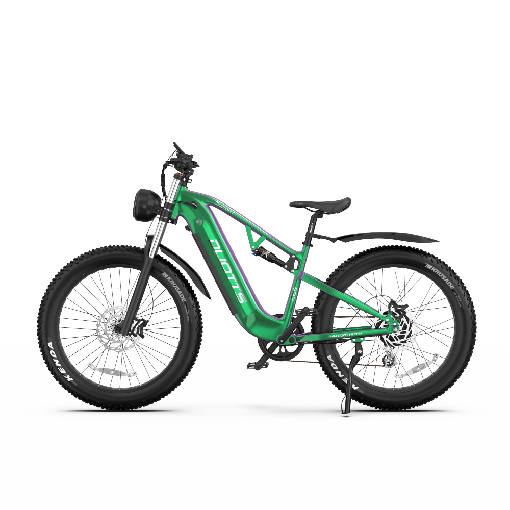 Ein grünes Elektrofahrrad mit schwarzen Reifen wird angezeigt. Das Fahrrad hat einen Scheinwerfer und einen hinteren Kotflügel.
