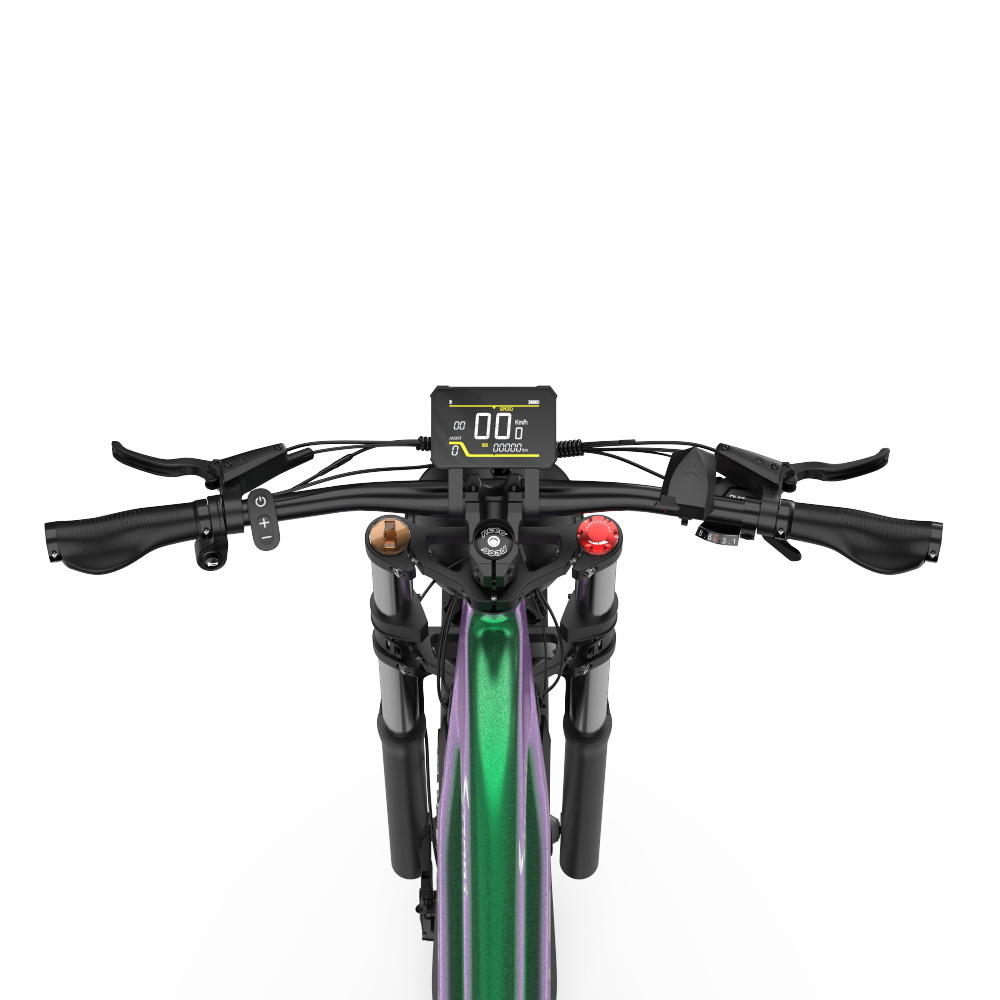 Draufsicht auf einen Mountainbike-Lenker mit Digitalanzeige. Weißer Hintergrund.