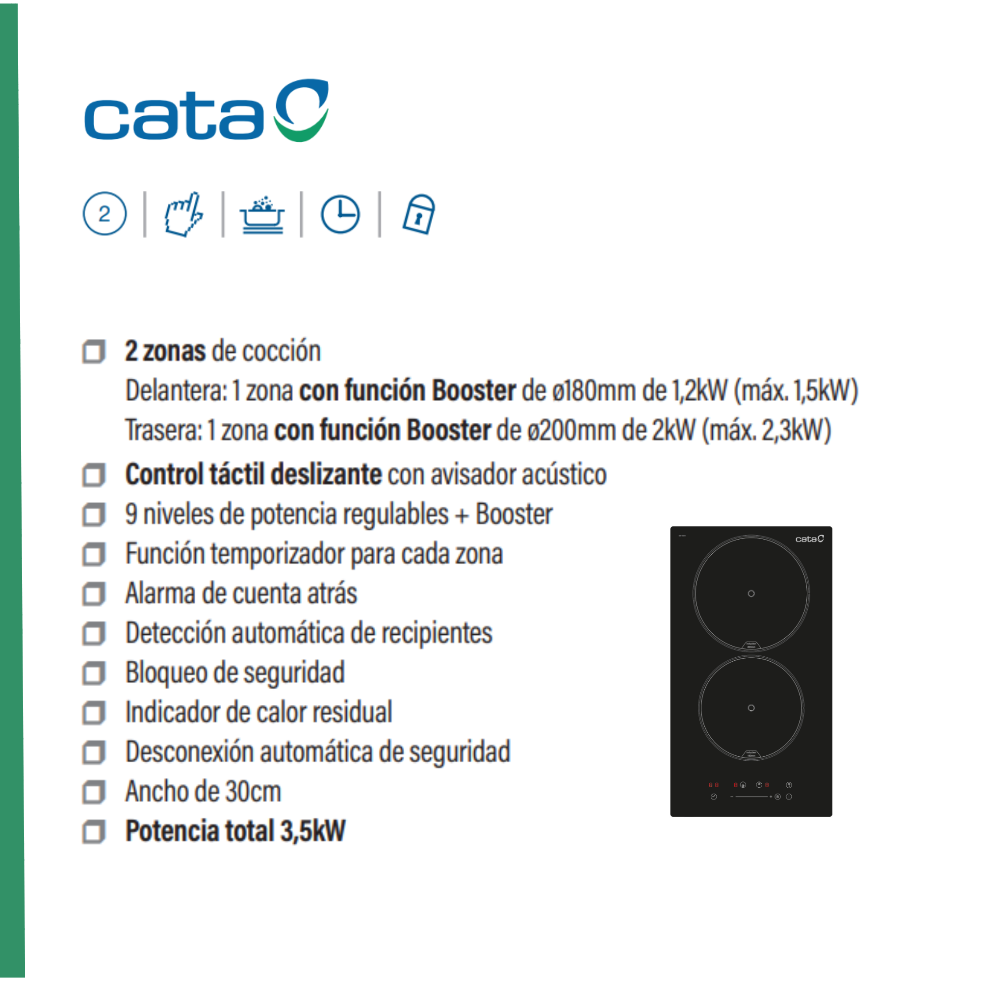 Una placa de inducción negra con dos zonas de cocción, mostrando controles y especificaciones.