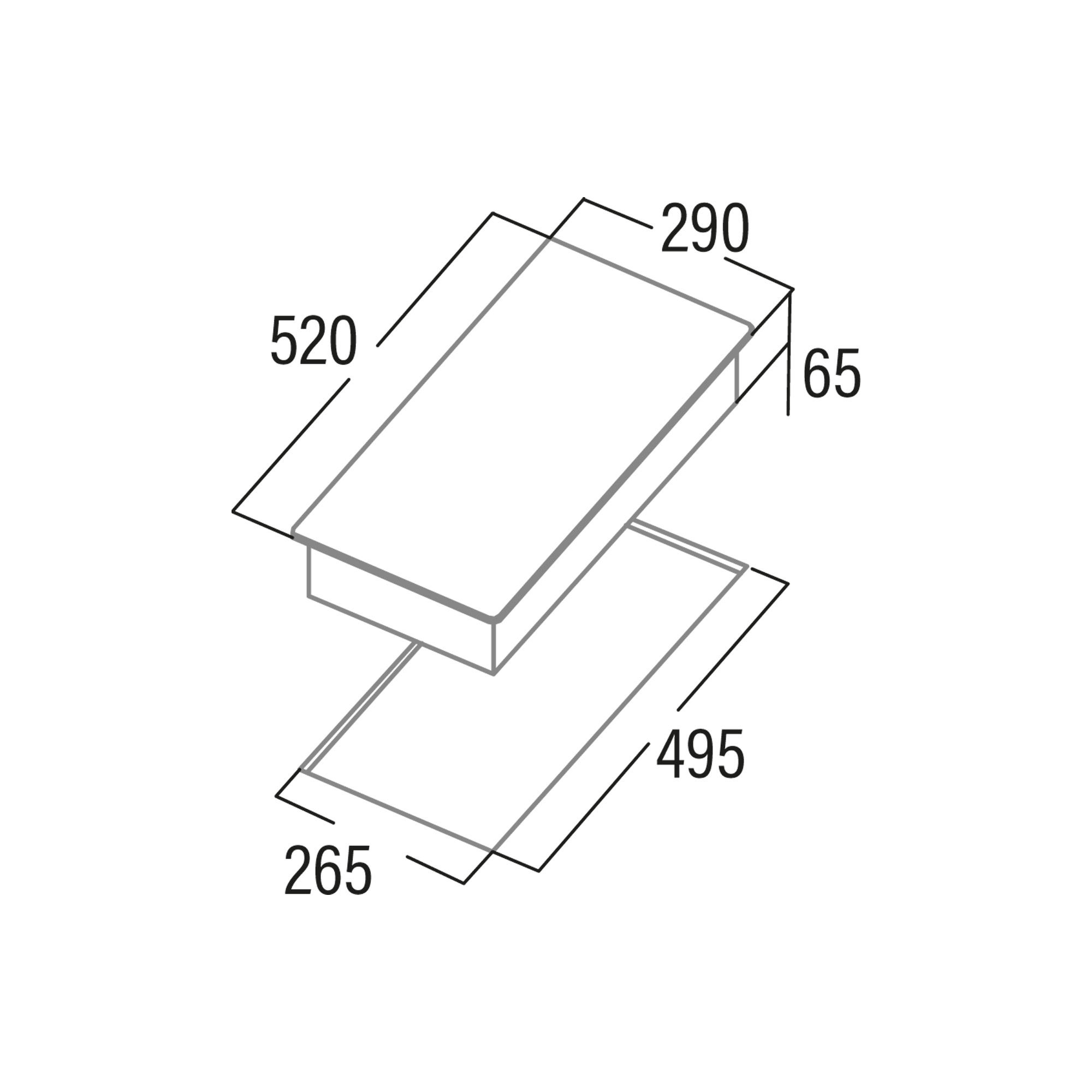 Diagrama de un objeto rectangular con dimensiones, probablemente un electrodoméstico de cocina.