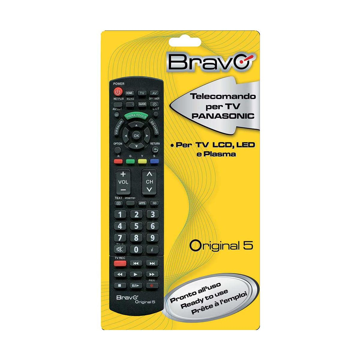 Telecomando Bravo nero su carta gialla, con etichette dei pulsanti e logo del marchio.