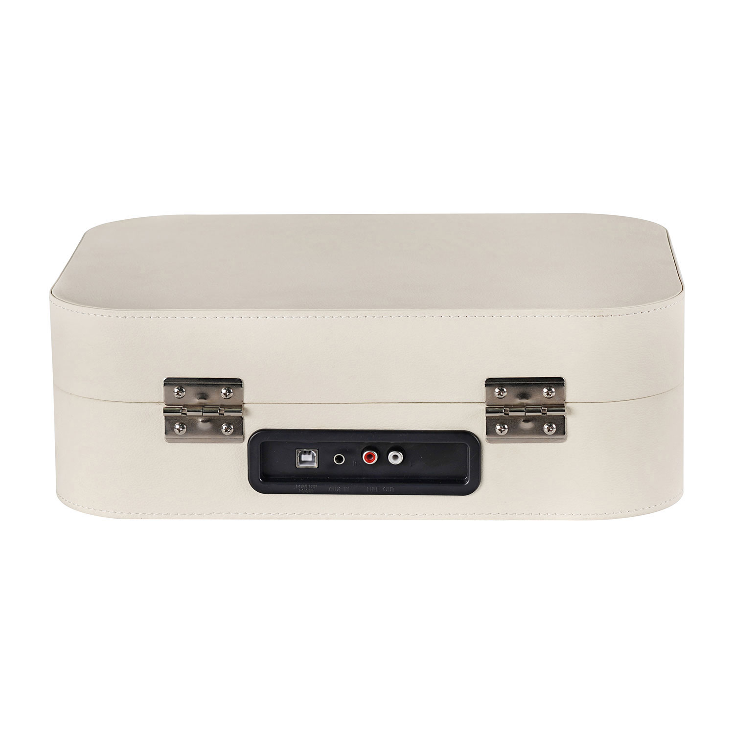 Kremowy gramofon w stylu retro ze srebrnymi akcentami. Widoczne porty USB i audio.