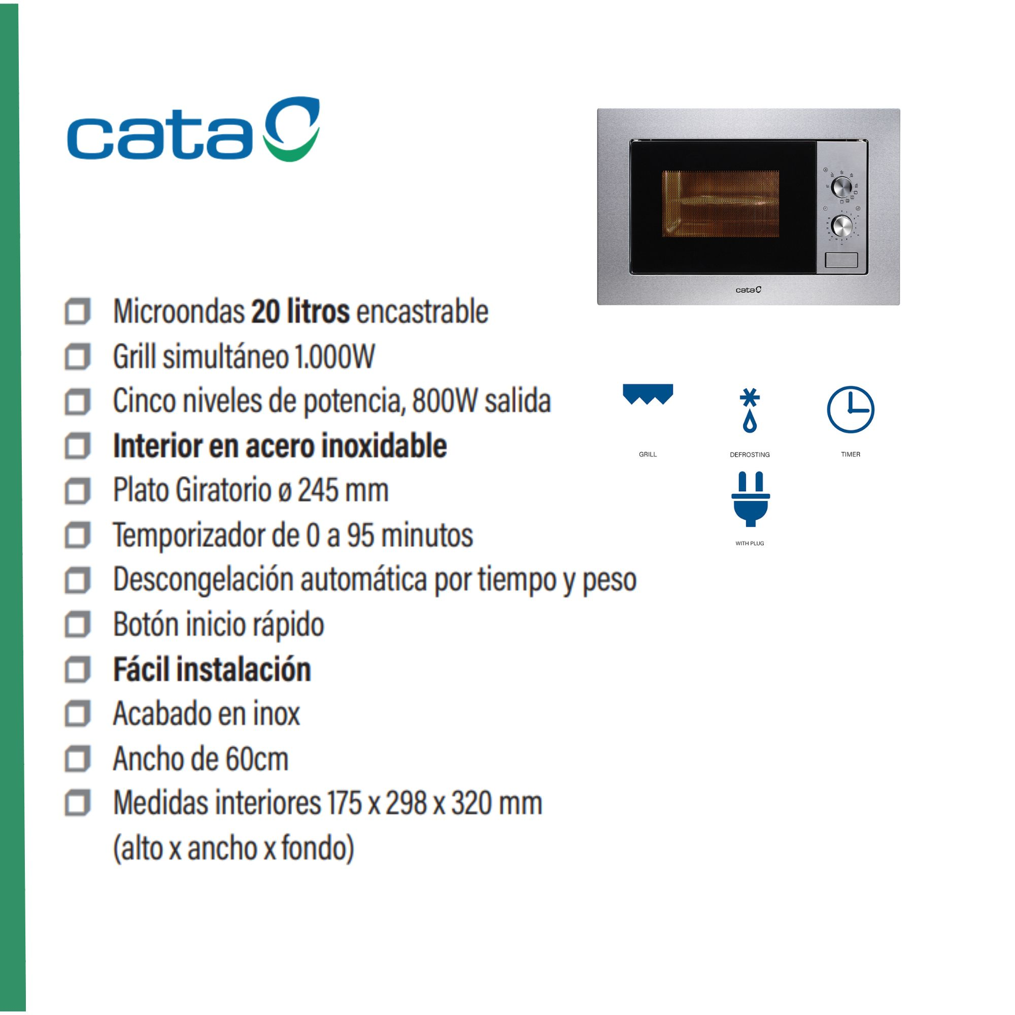 Microondas empotrable con descripción de texto e iconos. El microondas es plateado.