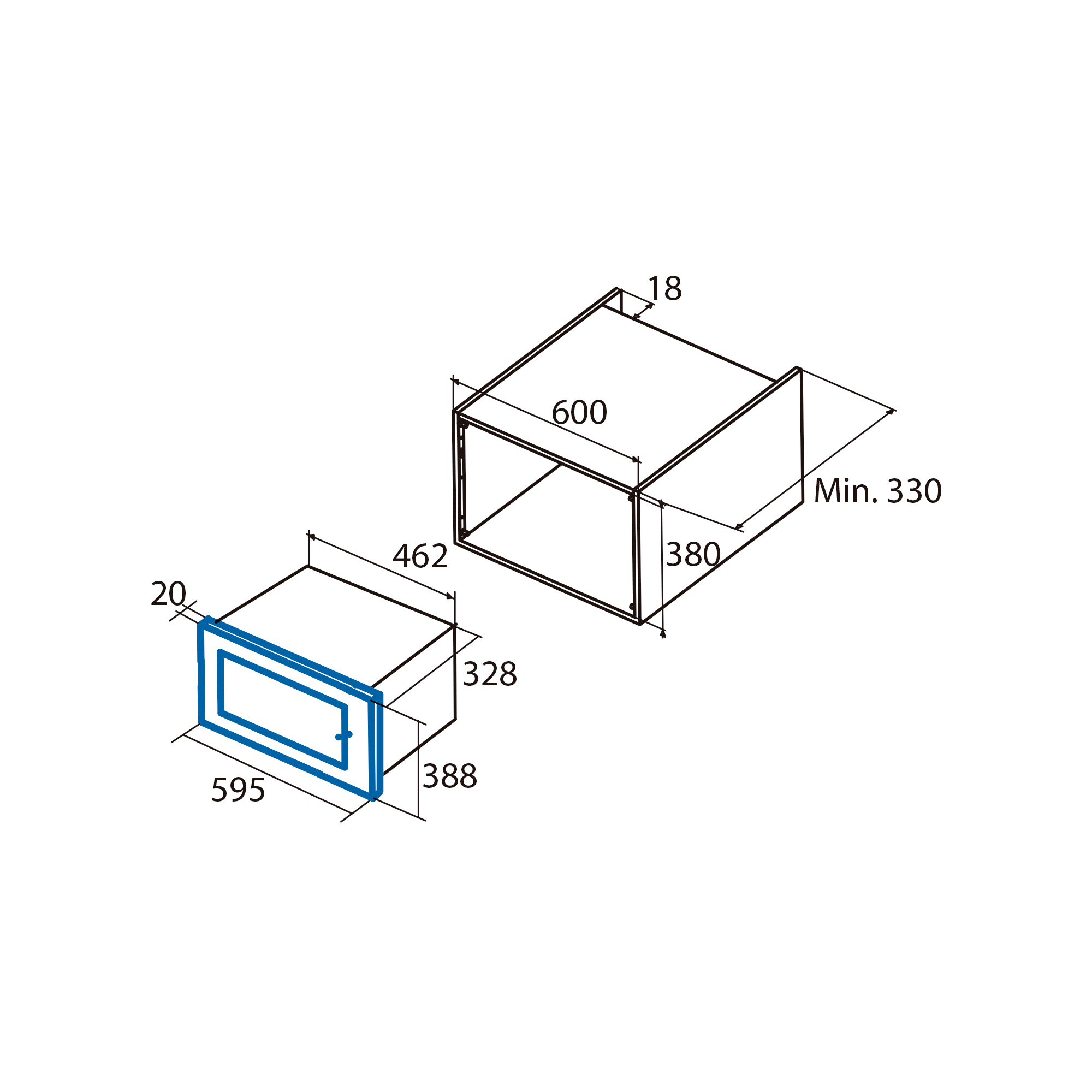 Un dibujo técnico de un horno de microondas que muestra las dimensiones para la instalación en un armario.