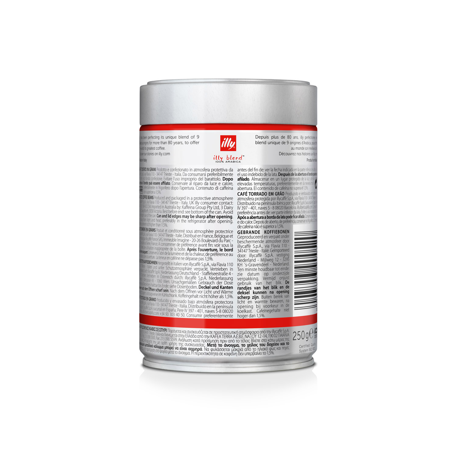 Una lata de café Illy, que muestra los detalles del producto y la marca en el envase plateado.