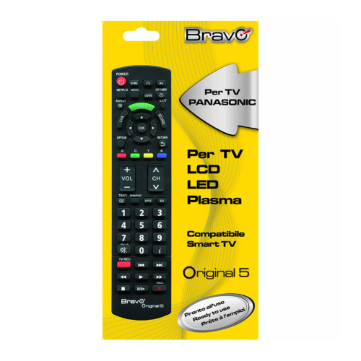 Un telecomando in una confezione gialla. È etichettato 'Bravo' e 'Original 5' con compatibilità Panasonic.