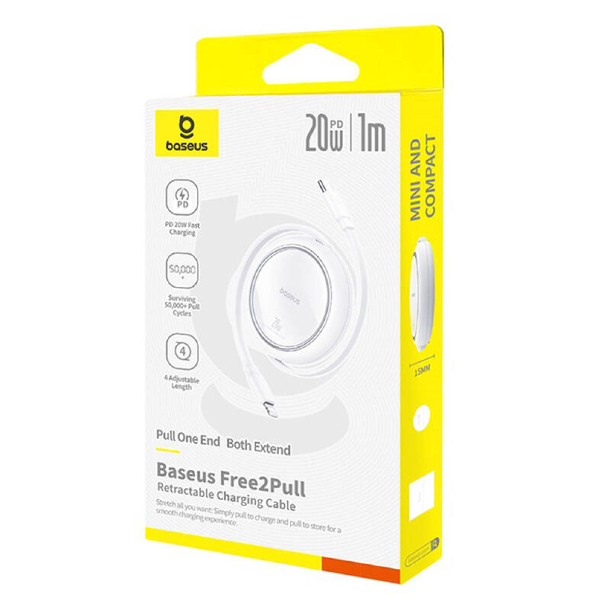 Biały kabel ładujący w żółto-białym pudełku. Na pudełku napis 'baseus'.