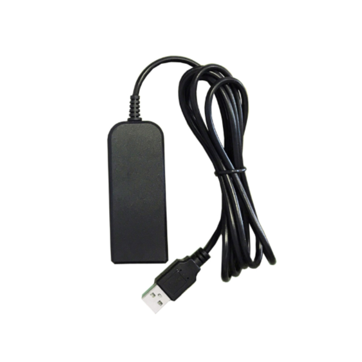 Un cavo USB nero con una scatola rettangolare sopra.