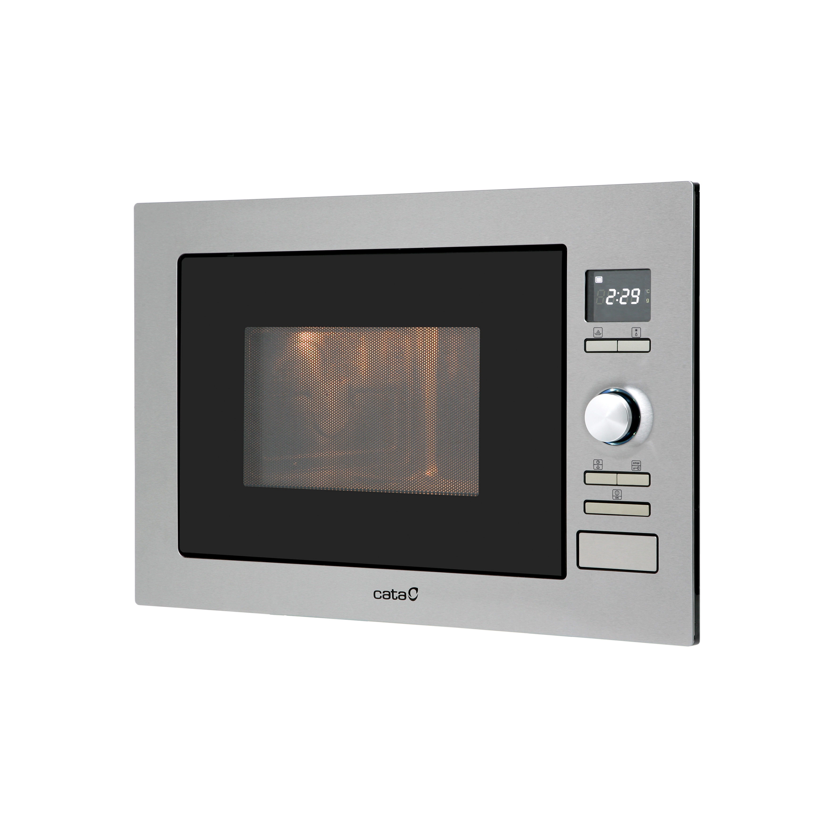 Un microondas de acero inoxidable con pantalla digital y panel de control se muestra.