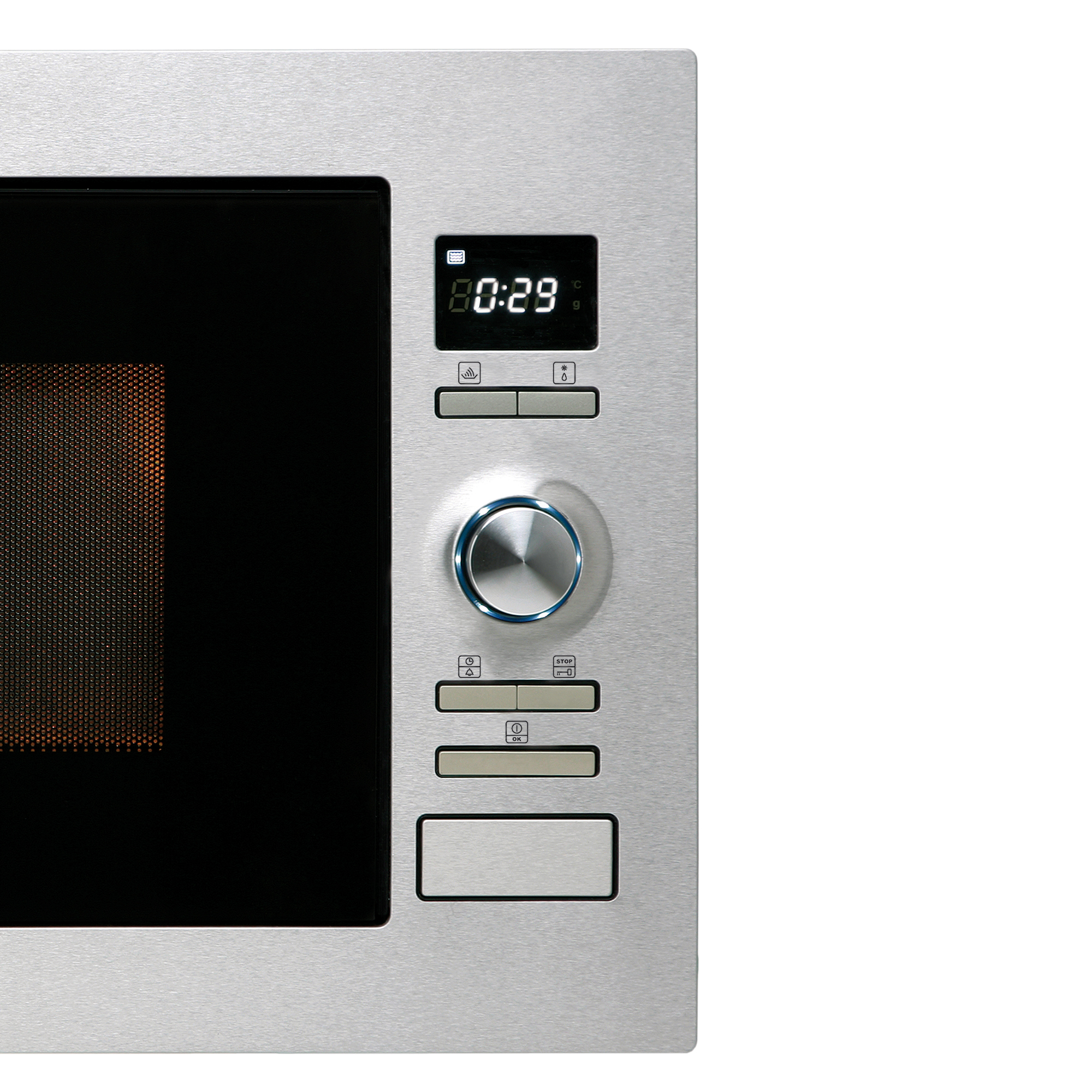 Panel de control de microondas plateado con reloj digital y botones. Fondo blanco.