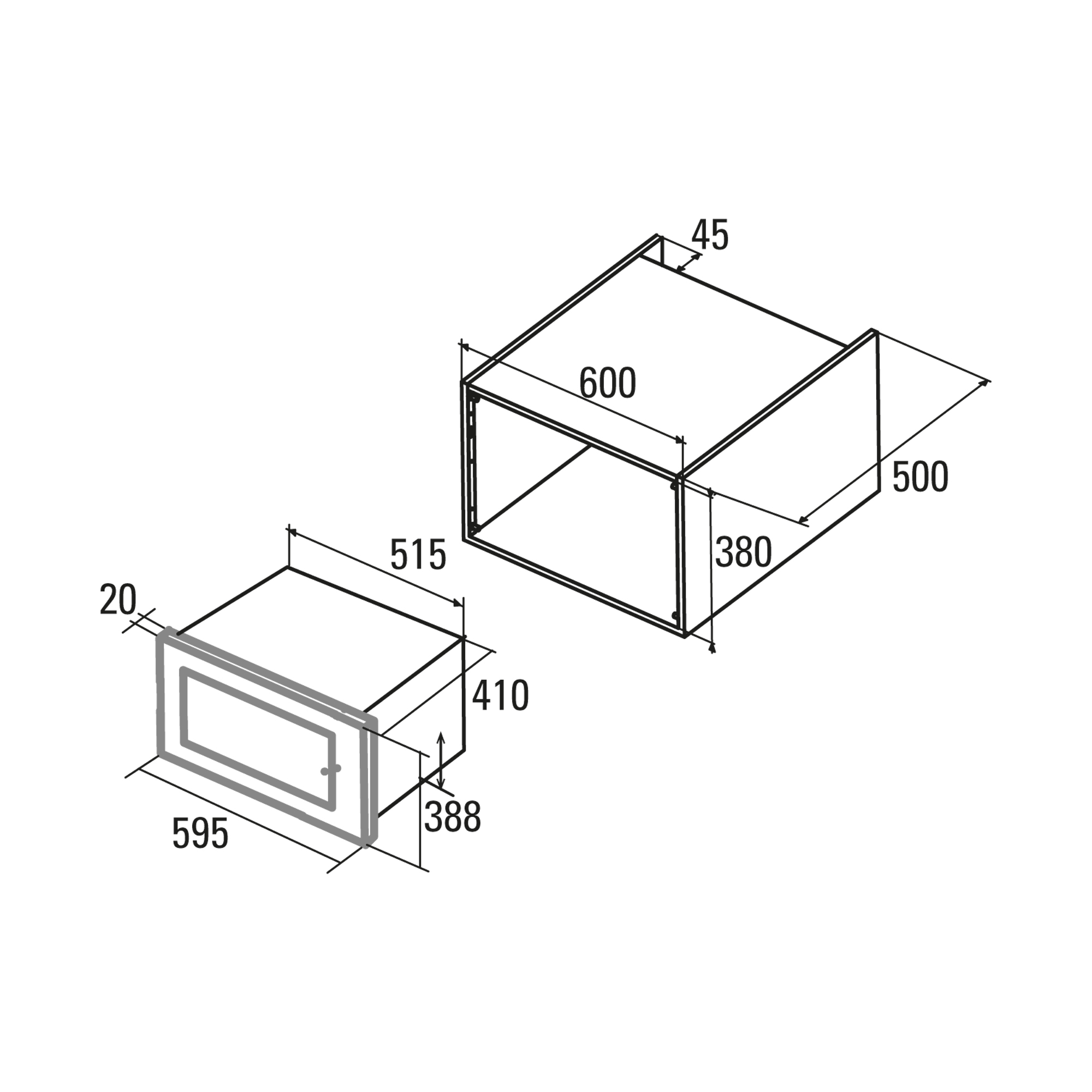 Dibujo técnico de dos cajas rectangulares, con dimensiones y líneas.
