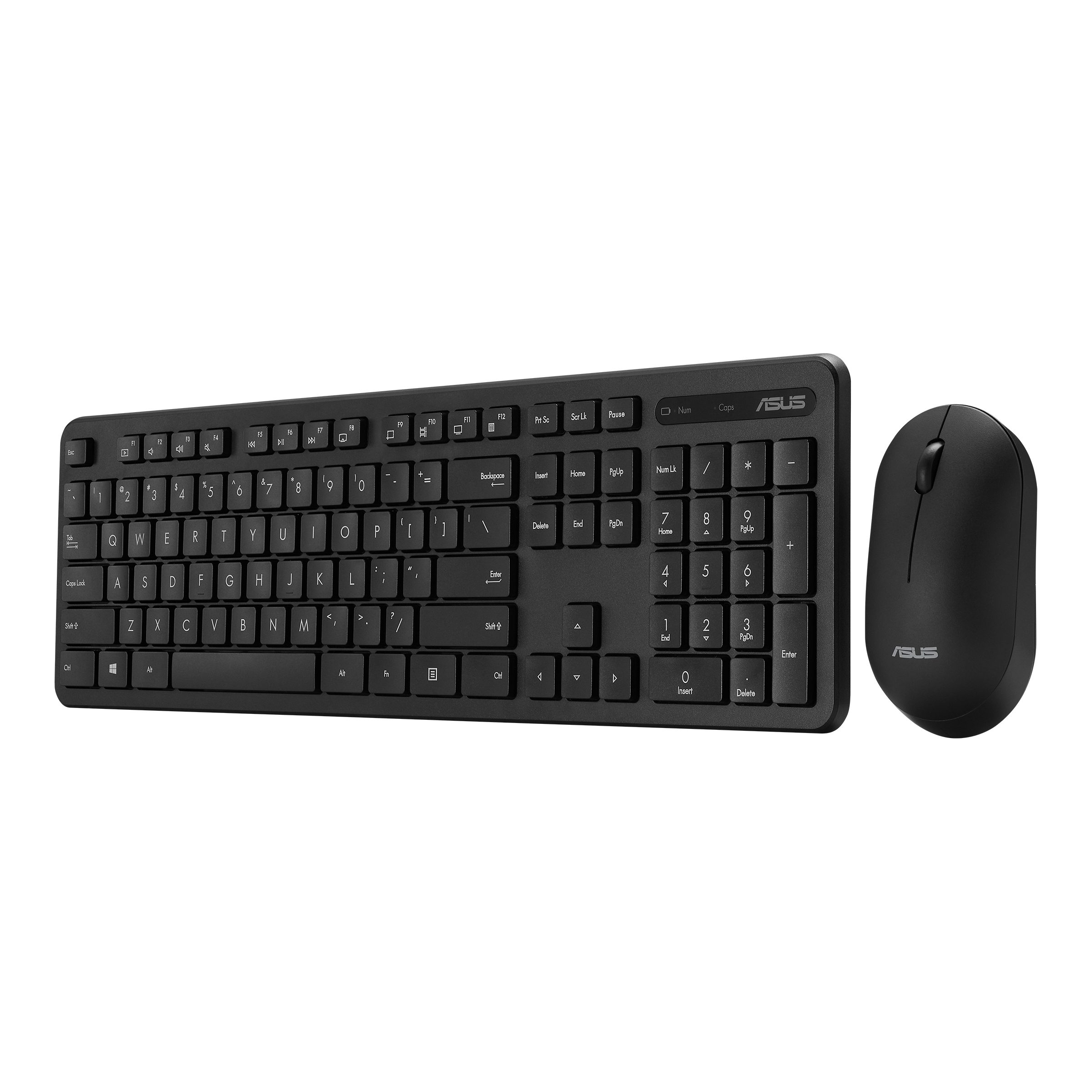 Set tastiera e mouse neri su sfondo bianco, con logo ASUS sul mouse.