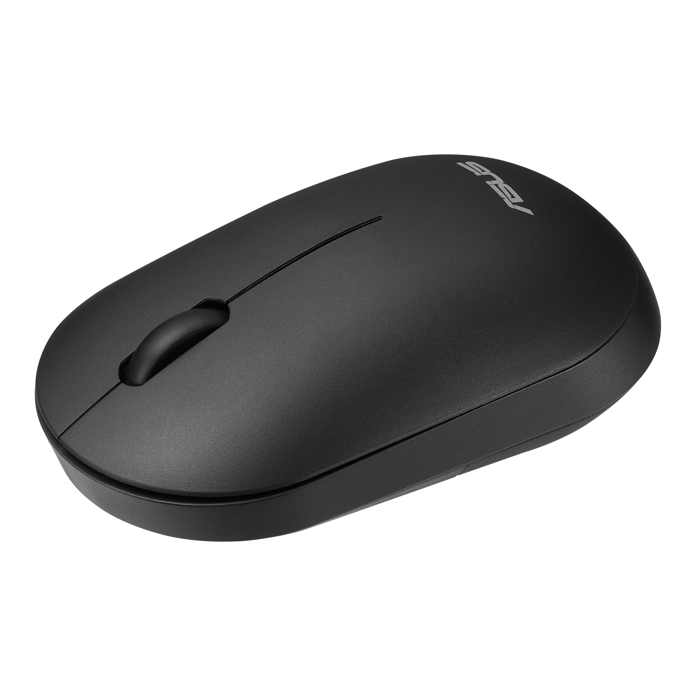 Mouse wireless ASUS nero su sfondo bianco, angolato dall'alto.