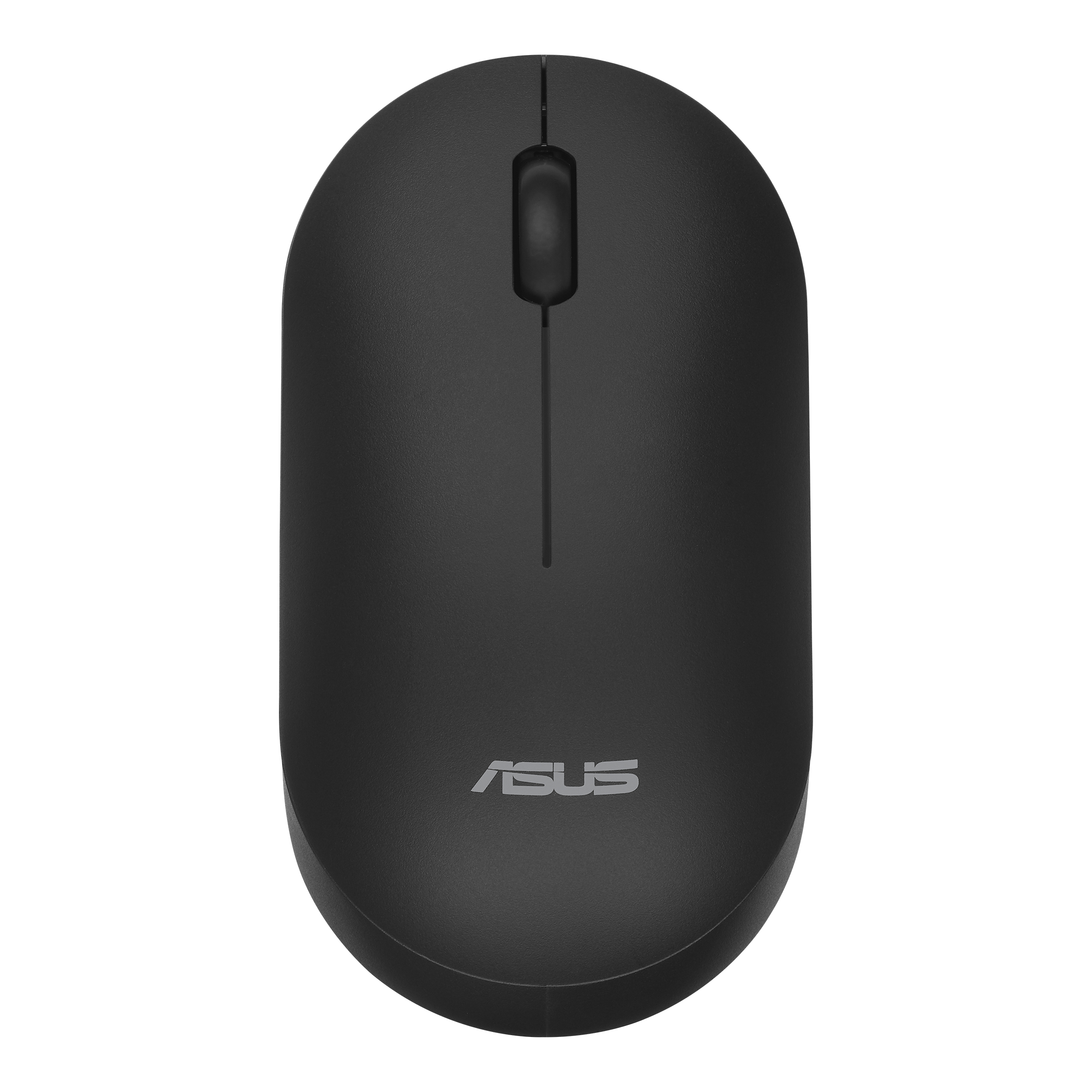 Mouse ASUS nero, vista dall'alto. Ha una rotella e il logo ASUS.