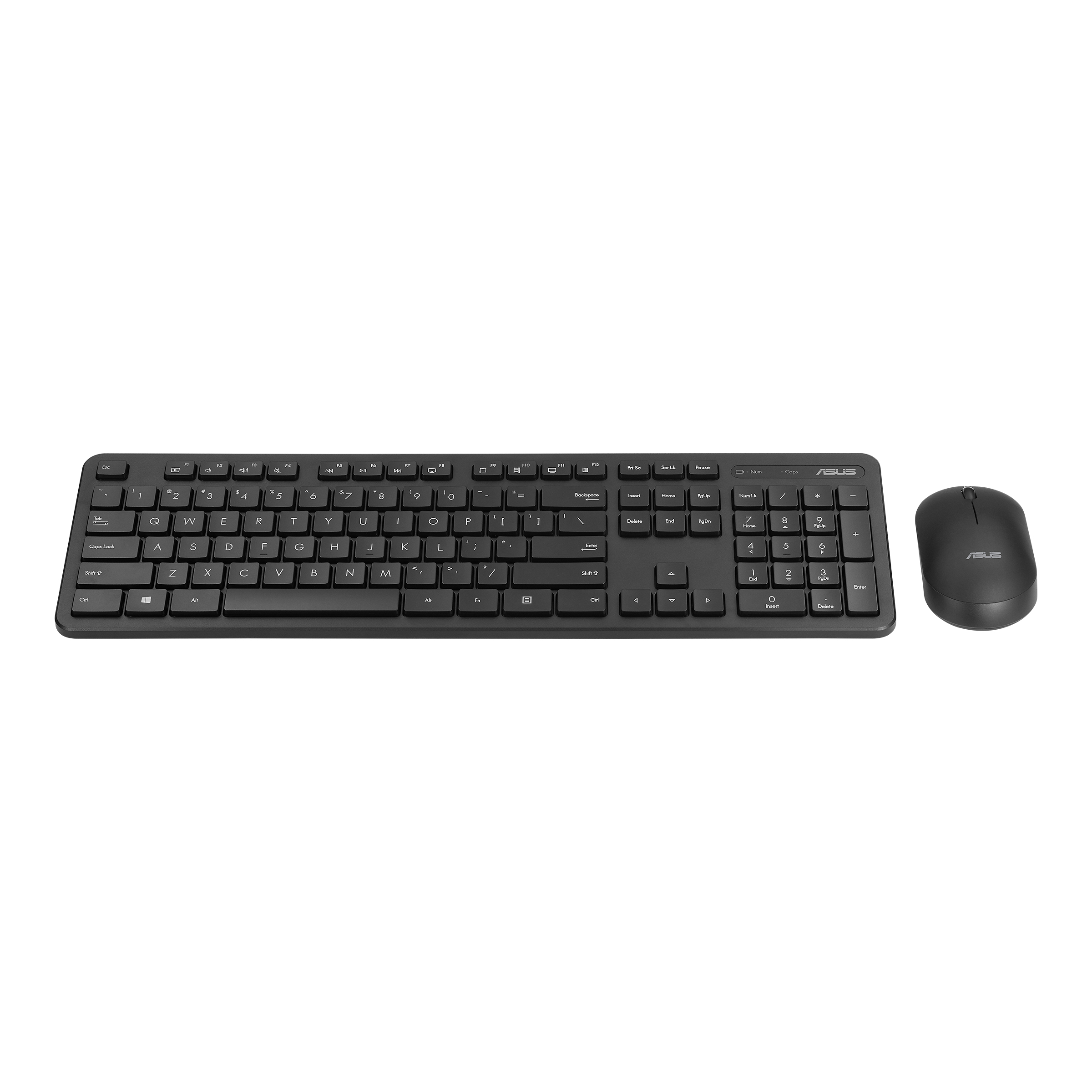Combo tastiera e mouse neri. La tastiera ha tasti, il mouse ha una rotella.