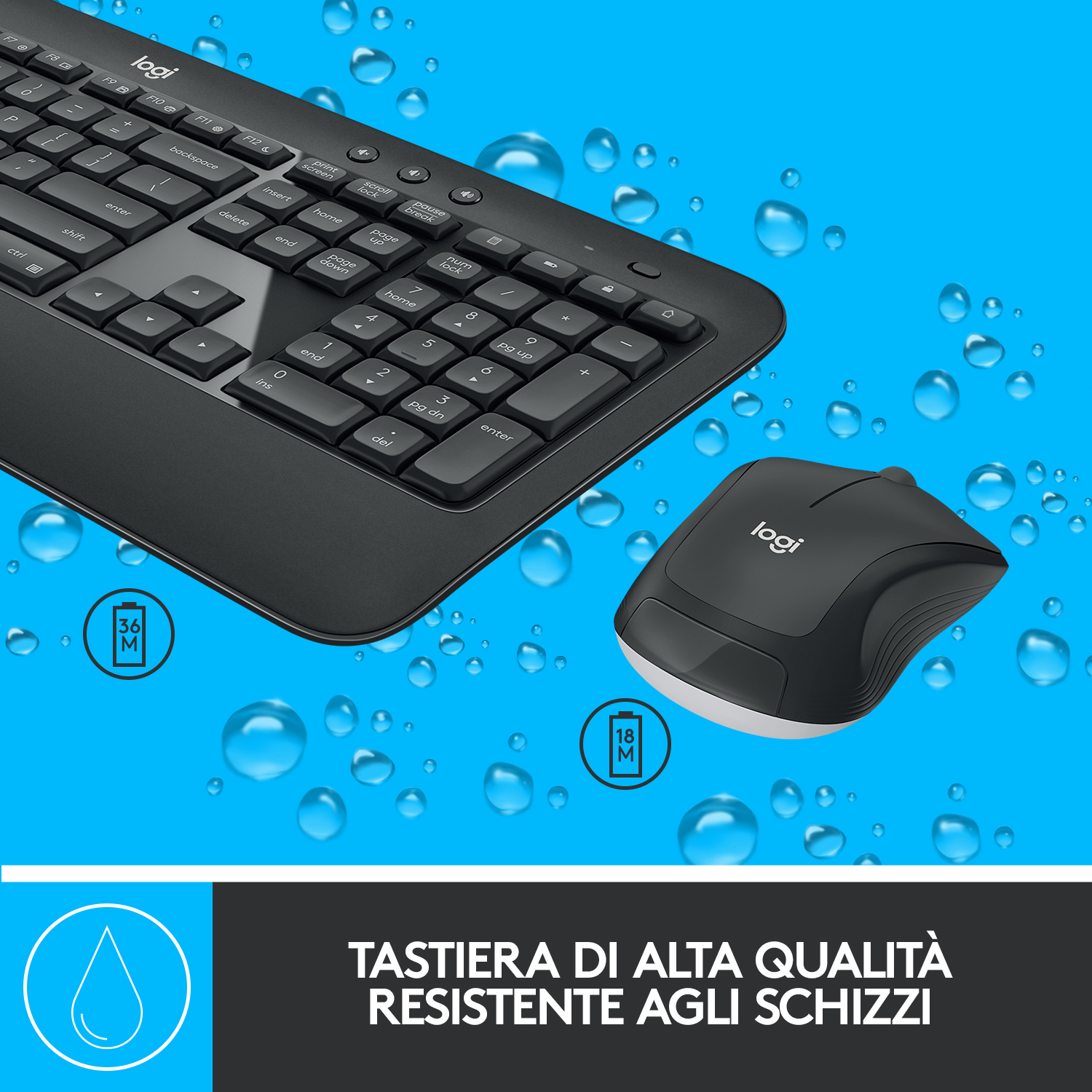 Tastiera e mouse neri su sfondo blu. Gocce d'acqua. Testo: Tastiera di alta qualità resistente agli schizzi.