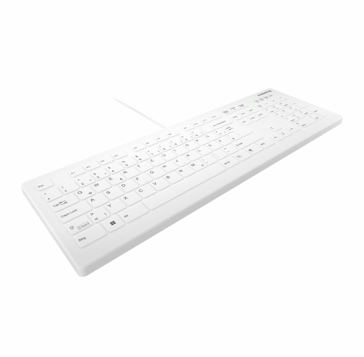Eine weiße, rechteckige Tastatur mit Standard-Tastenanordnung.
