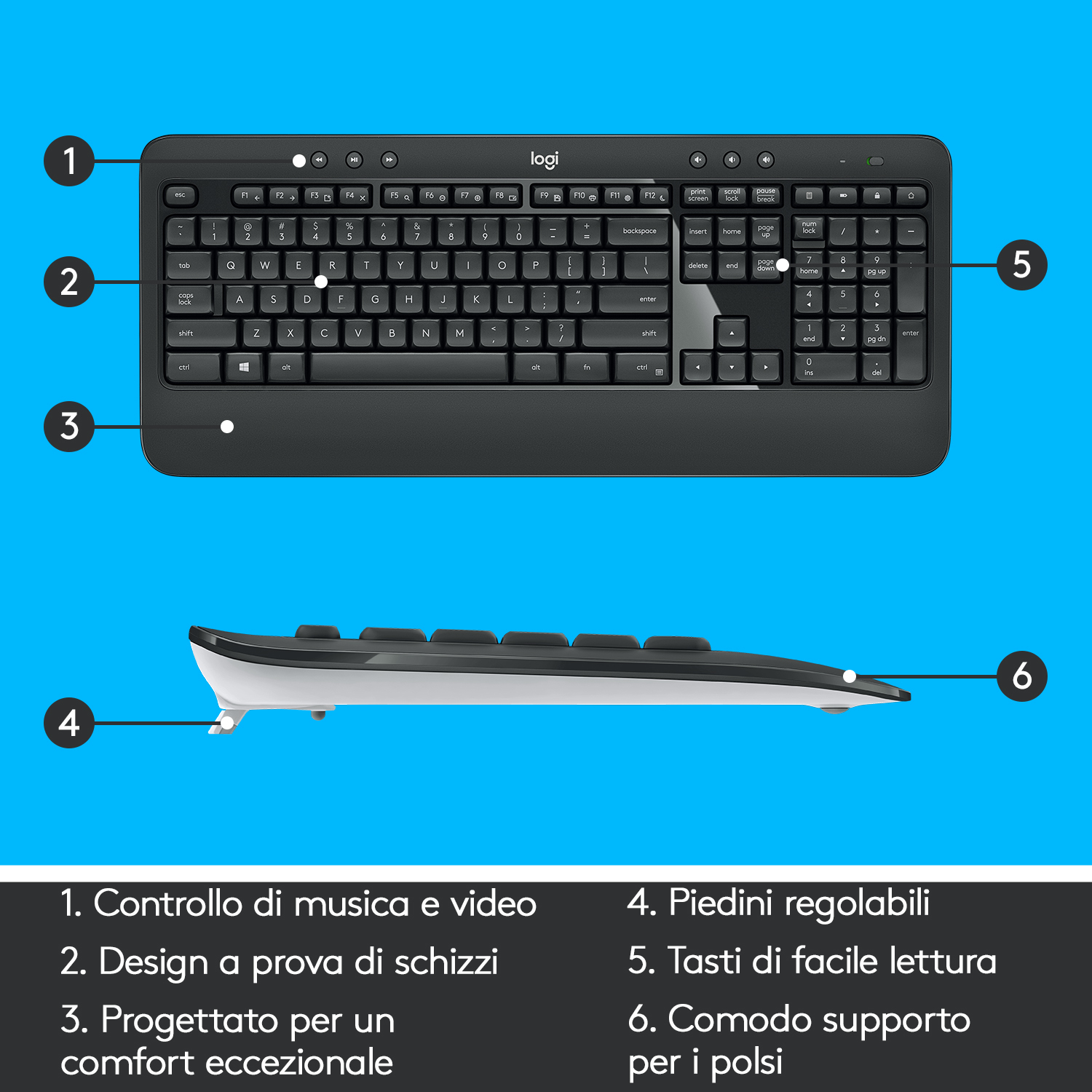 Tastiera Logitech bianca, con tasti numerati e layout completo.