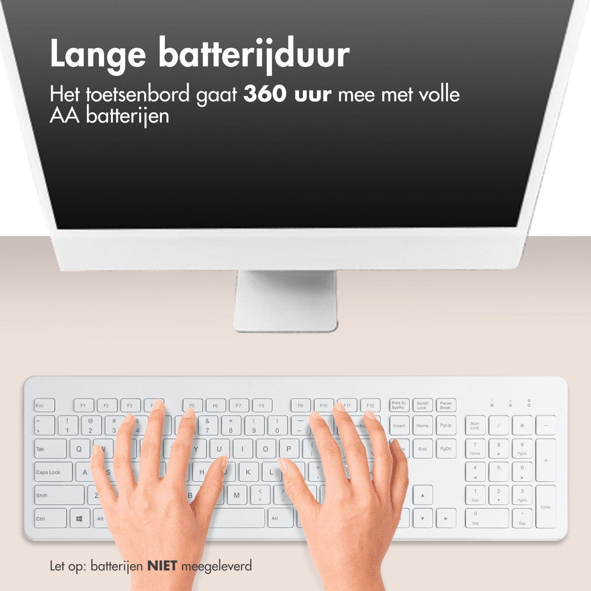 Tastiera e schermo del monitor con il testo: 'Lange batterijduur' e altro testo.