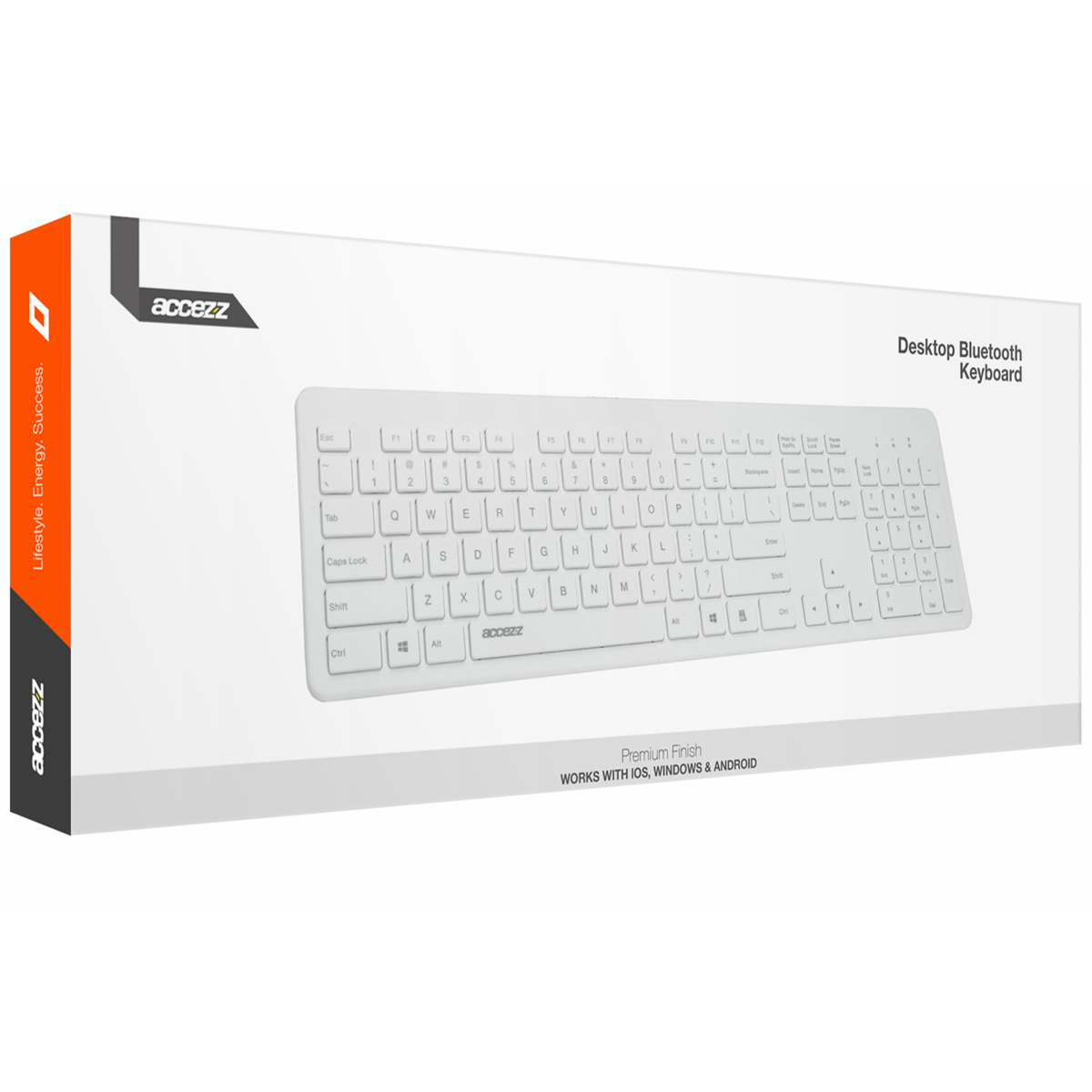 Tastiera bianca in una scatola, con il testo 'Desktop Bluetooth Keyboard' e 'accezz'.