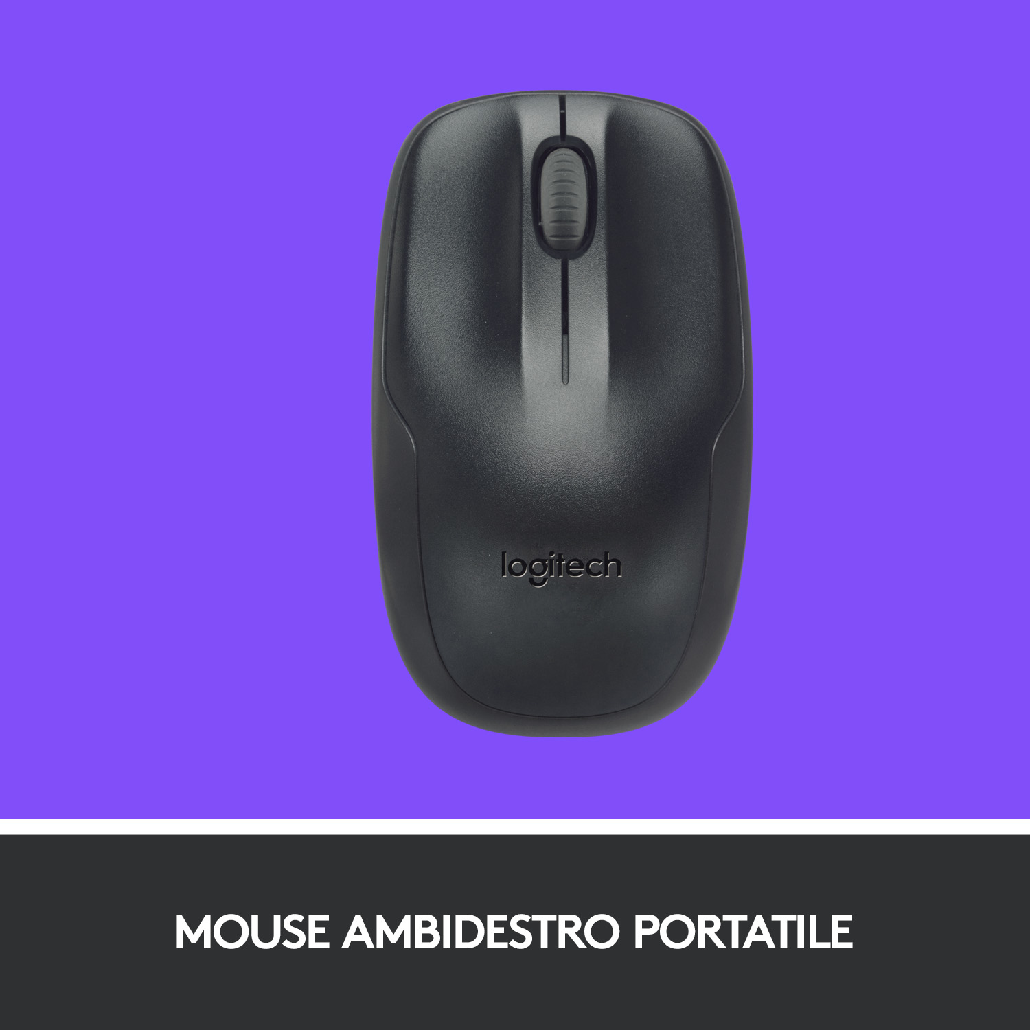 Czarna mysz Logitech na fioletowym tle z napisem 'MOUSE AMBIDESTRO PORTATILE'.