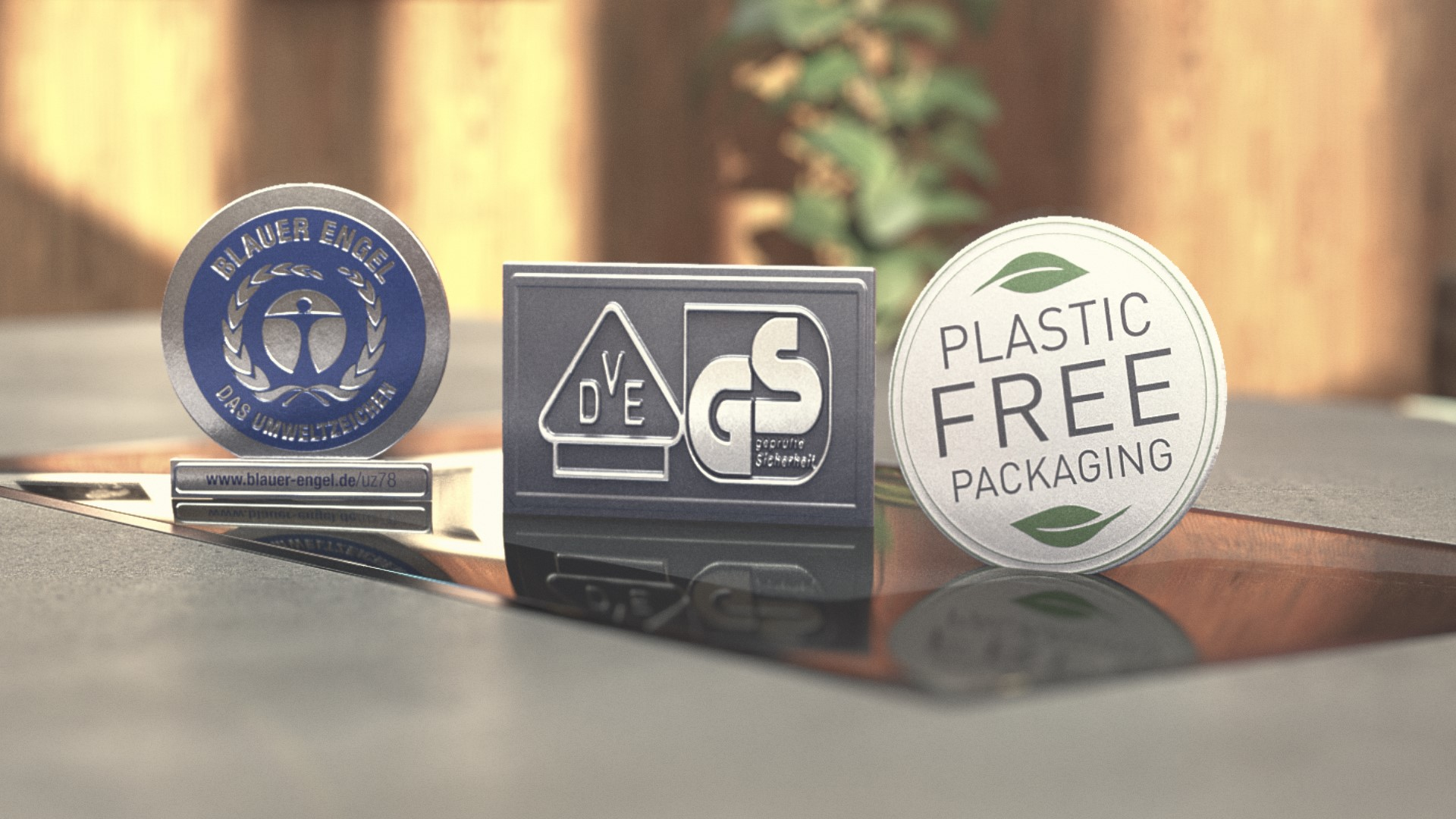 Trzy okrągłe i prostokątne ekologiczne etykiety na odblaskowej powierzchni.