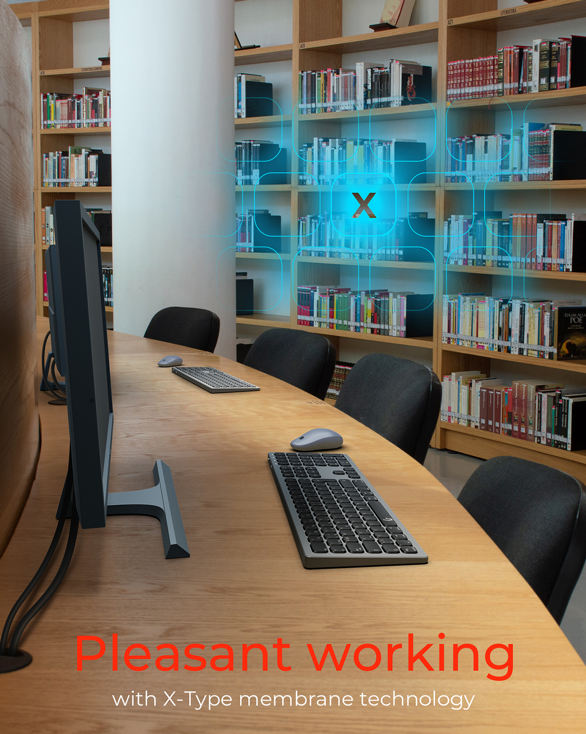 Biblioteka z biurkami i komputerami. Tekst mówi przyjemna praca z technologią membrany X-Type.