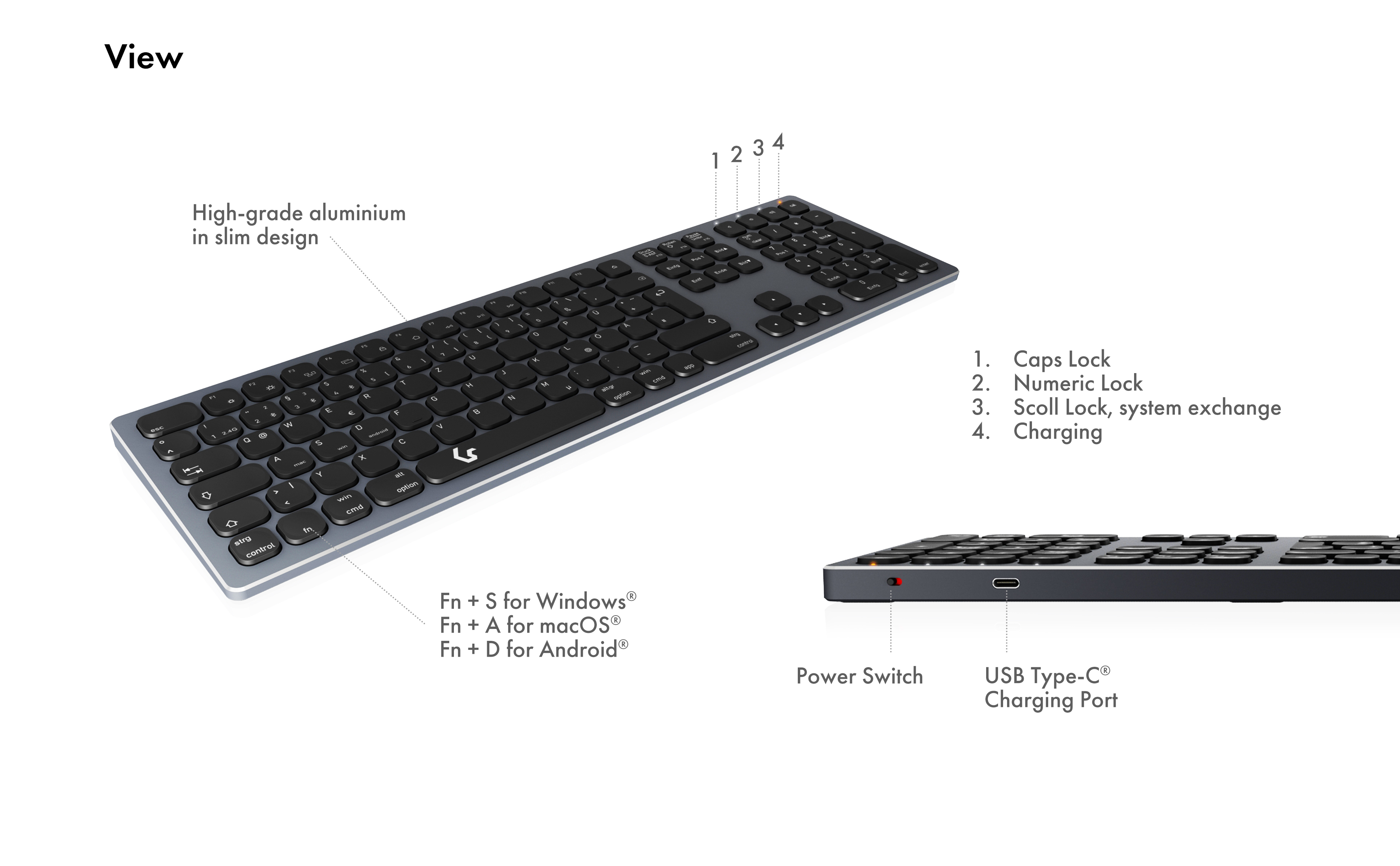 Czarna i szara klawiatura z klawiszami numerycznymi i klawiszami funkcyjnymi dla Windows, macOS i Android.