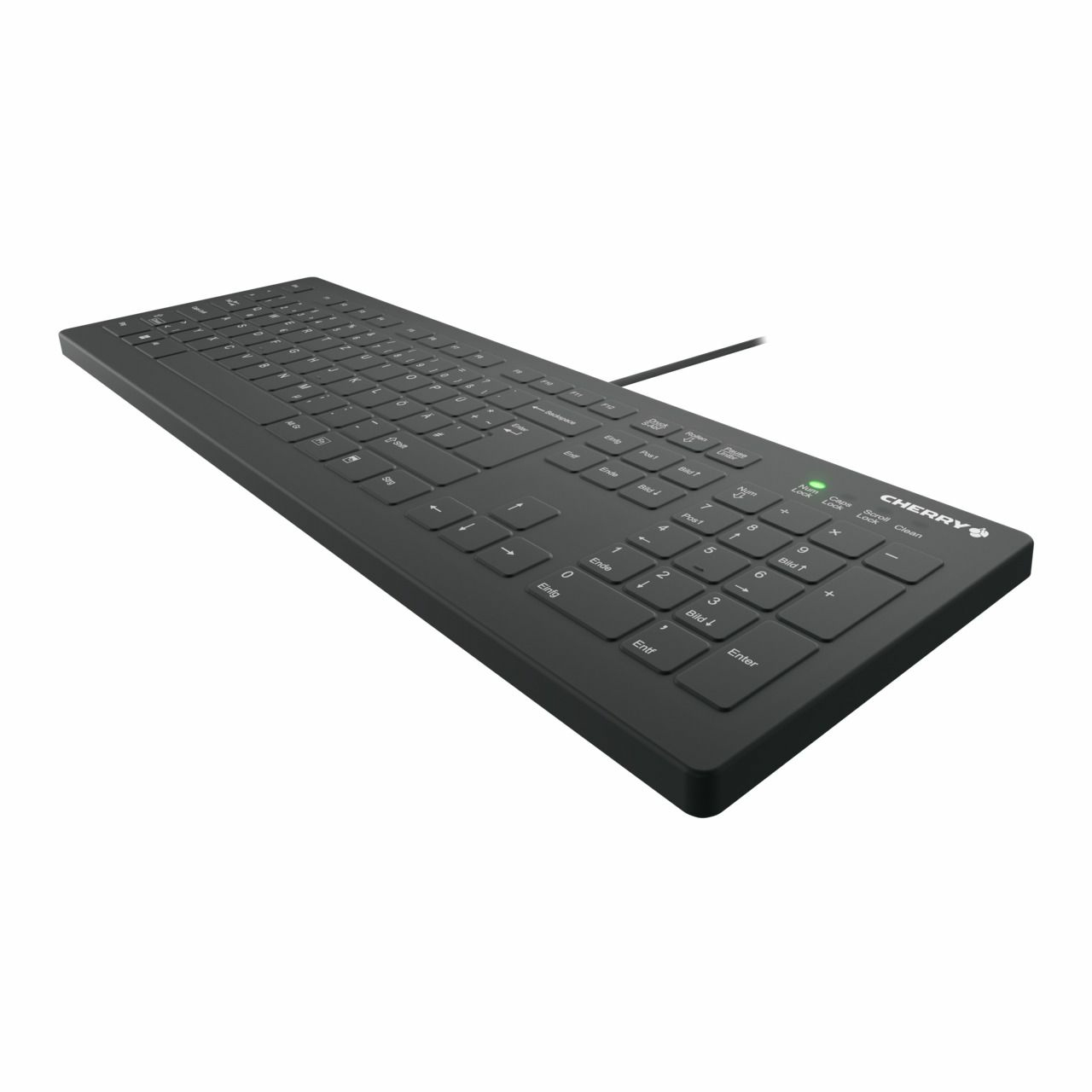 Clavier noir avec touches. Logo Cherry vert. Fond blanc.