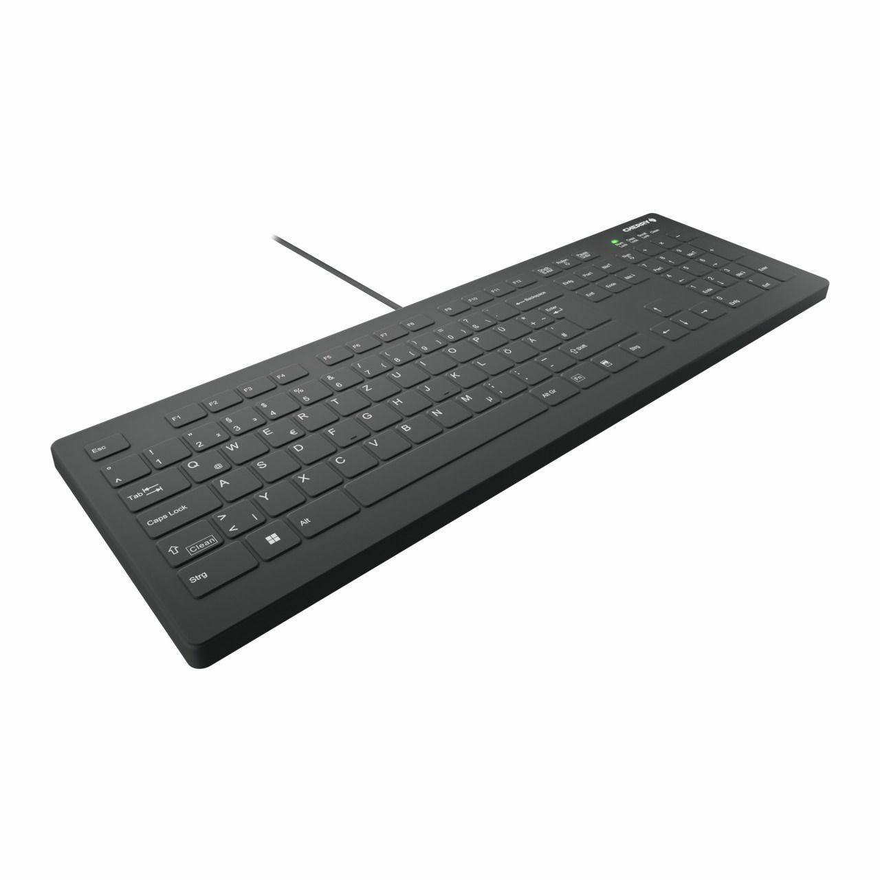 Clavier Cherry noir sur fond blanc, vue en angle d'en haut.