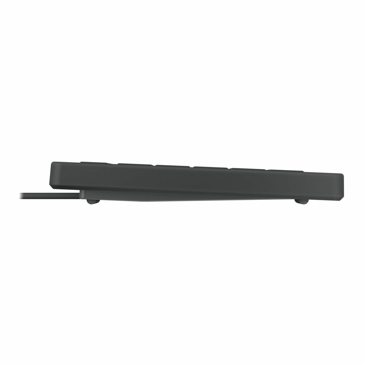Vue latérale d'un clavier noir, montrant le bord et le câble.