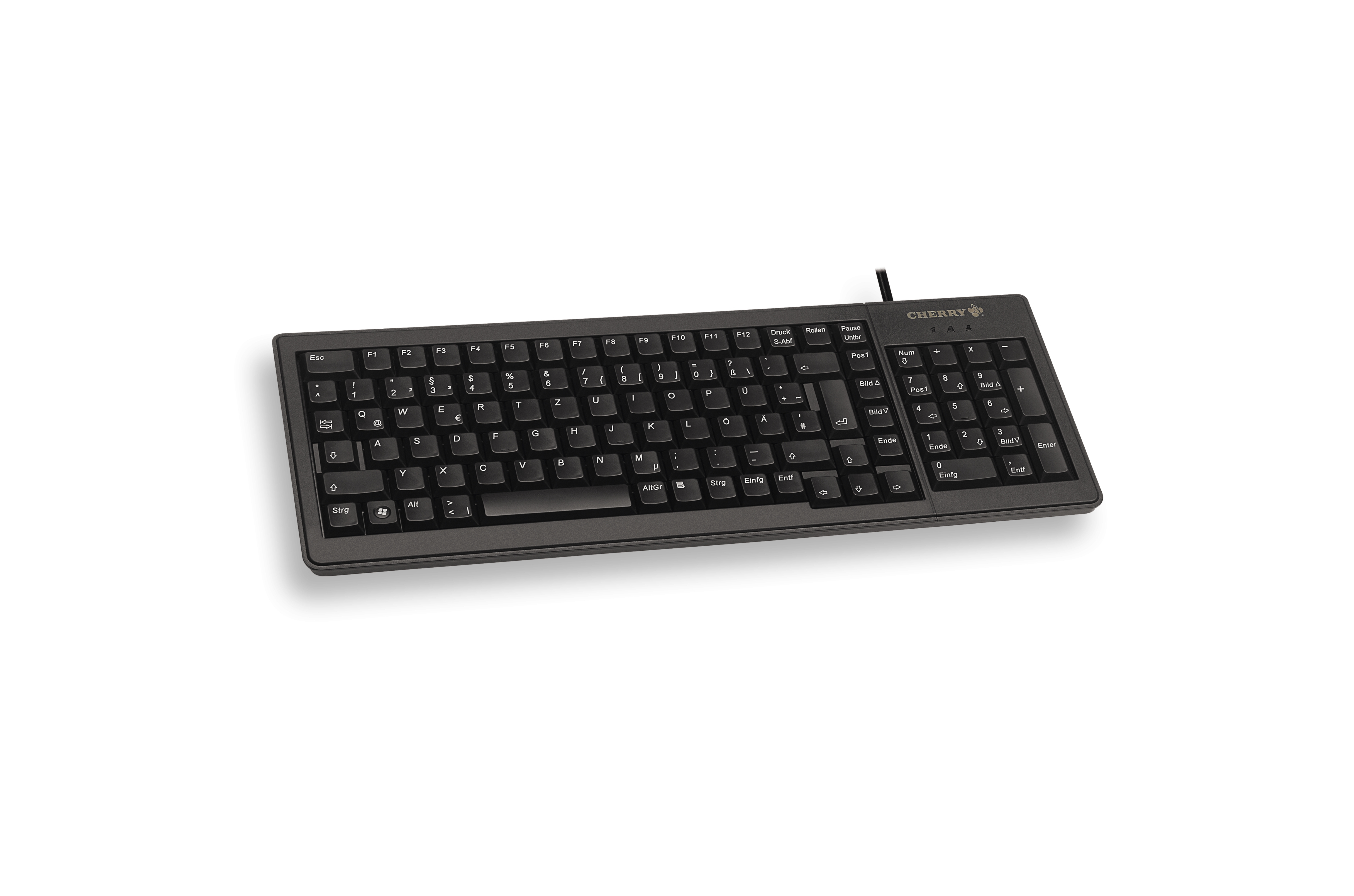 Schwarze Tastatur mit vollem Layout. Tasten sind schwarz. Kabelanschluss oben rechts.