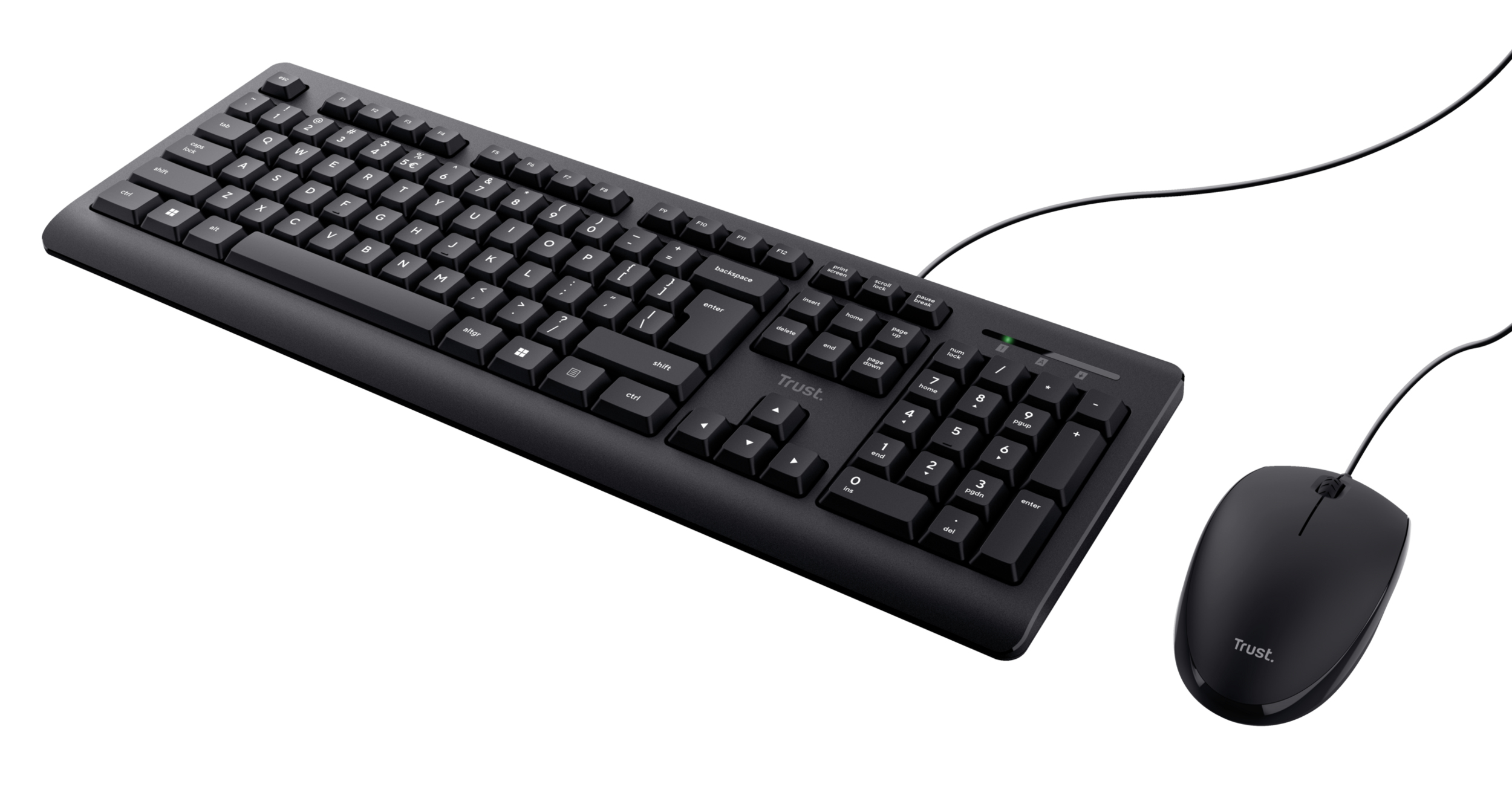 Black computer keyboard and mouse on white background. The keyboard has many keys and a number pad.