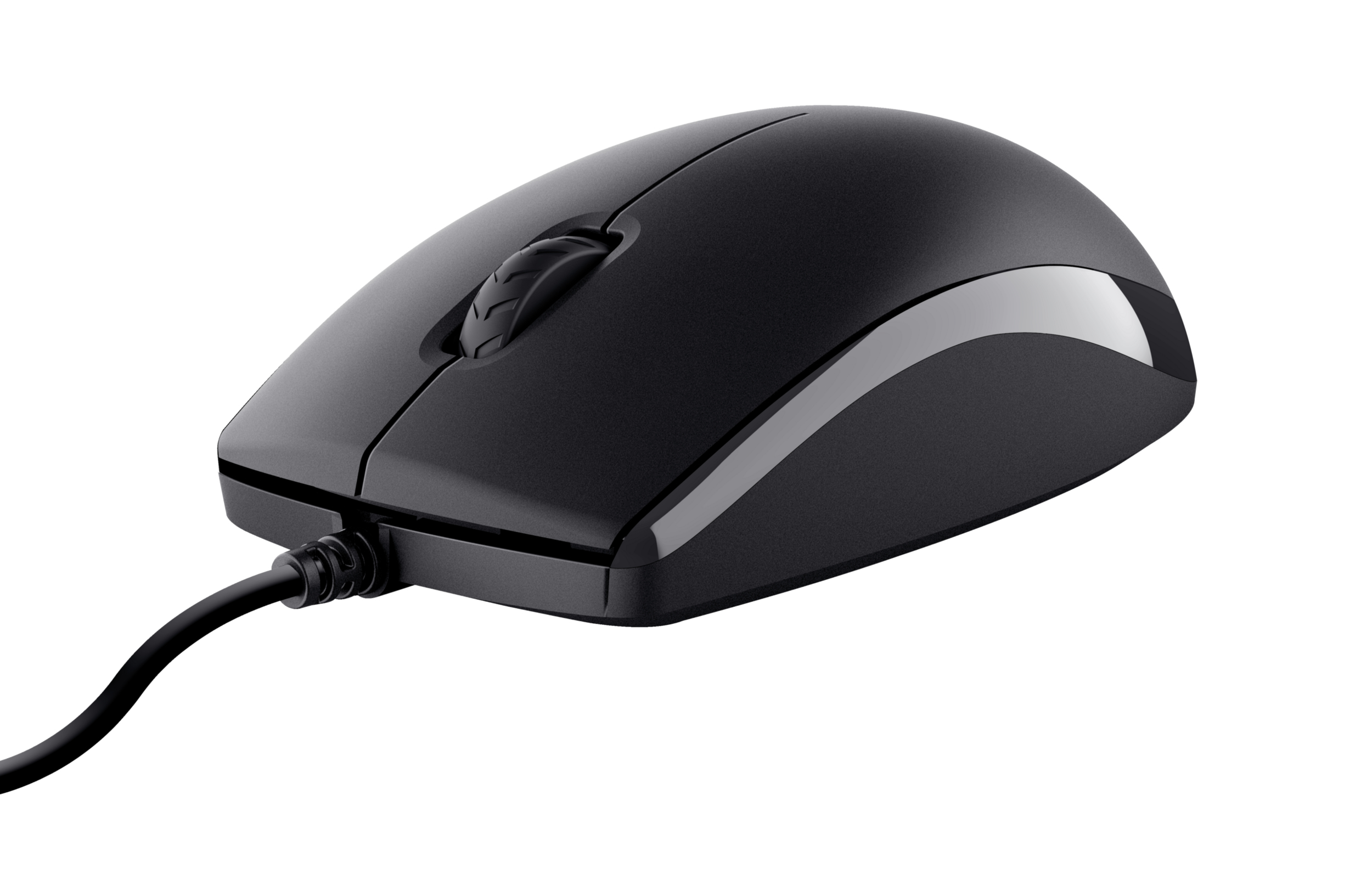 A black computer mouse with a scroll wheel and a cable, set against a white background.