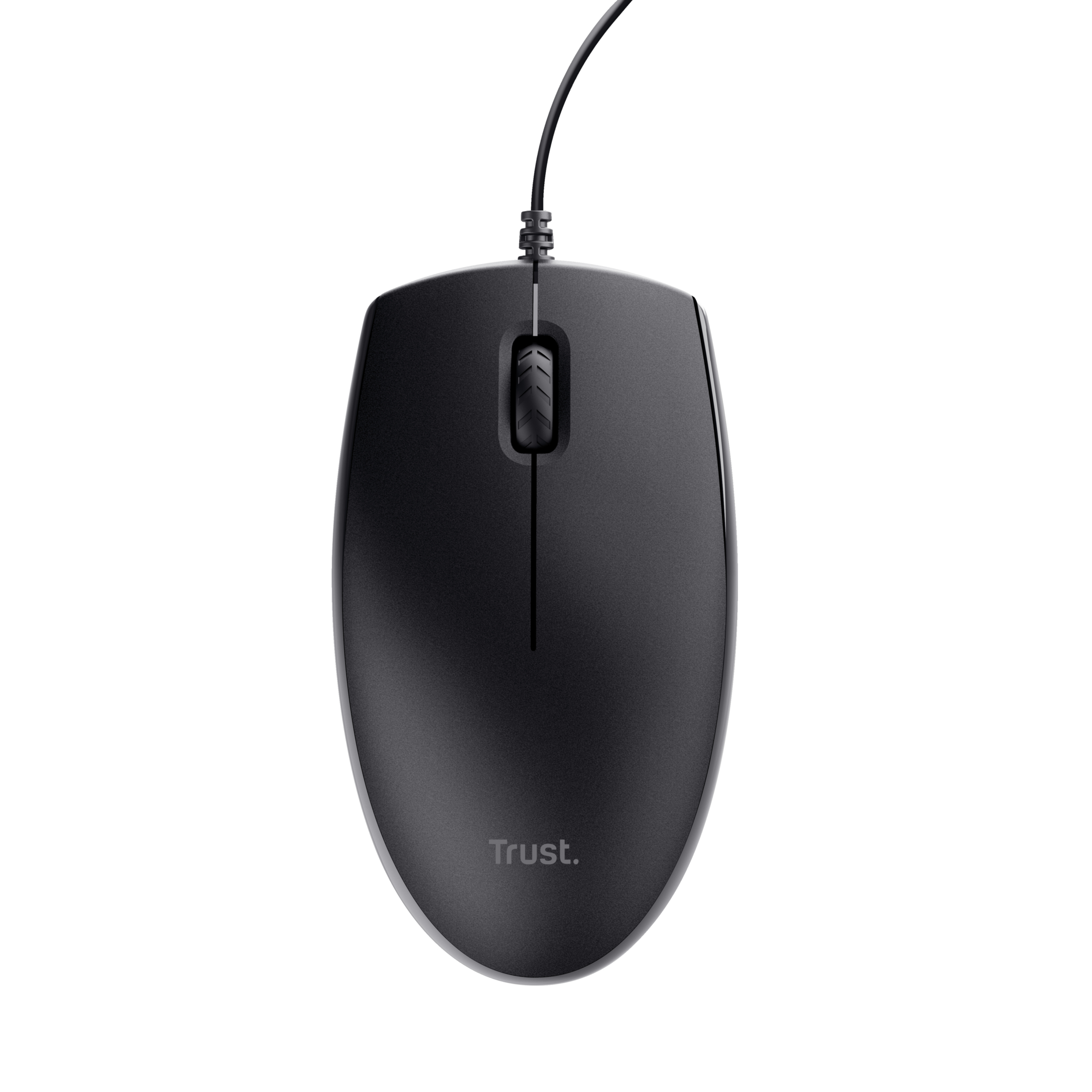 Black computer mouse with a scroll wheel, from above. The mouse is on a white background.