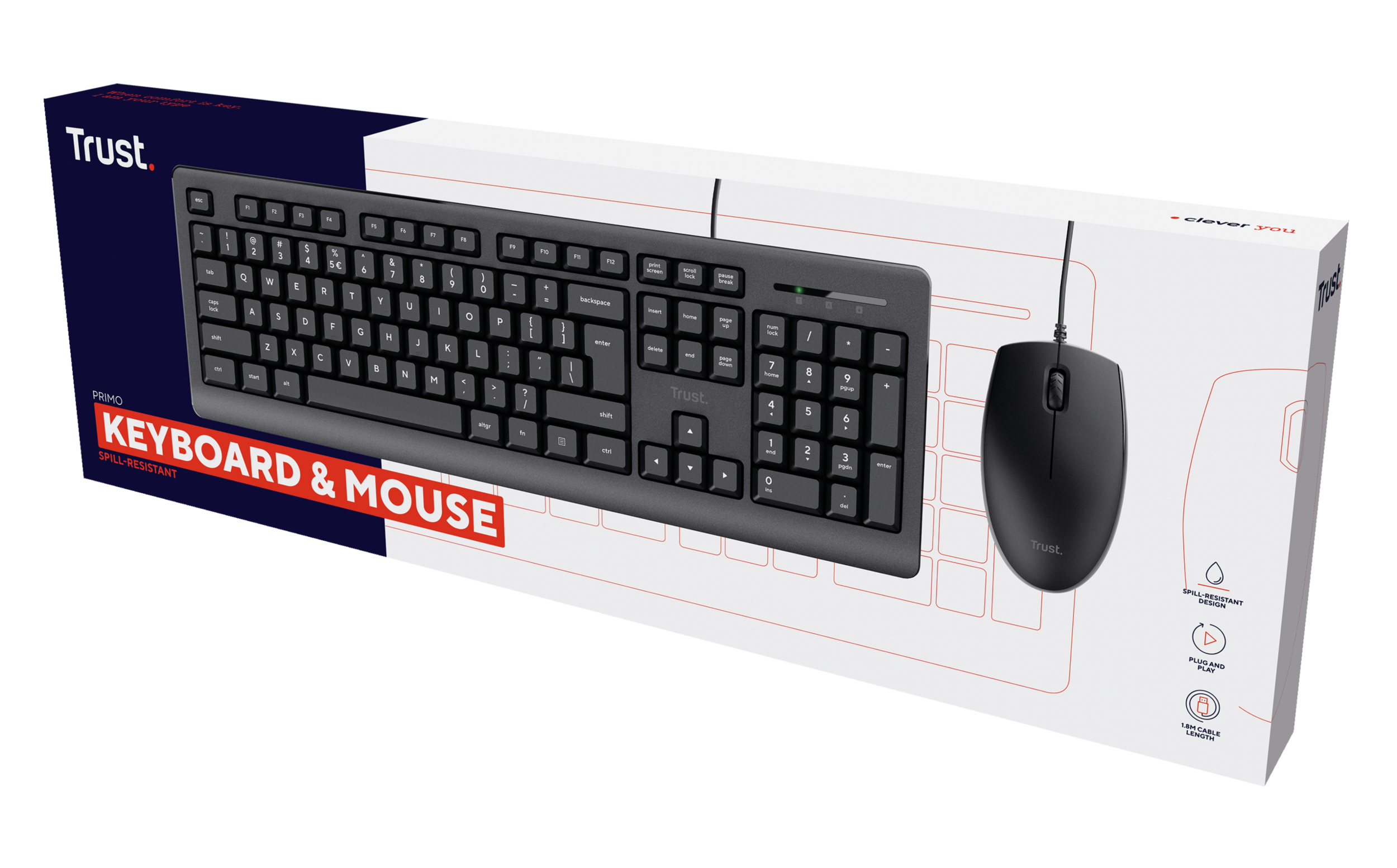 Keyboard and mouse set in packaging. Black keyboard and mouse, with Trust branding.