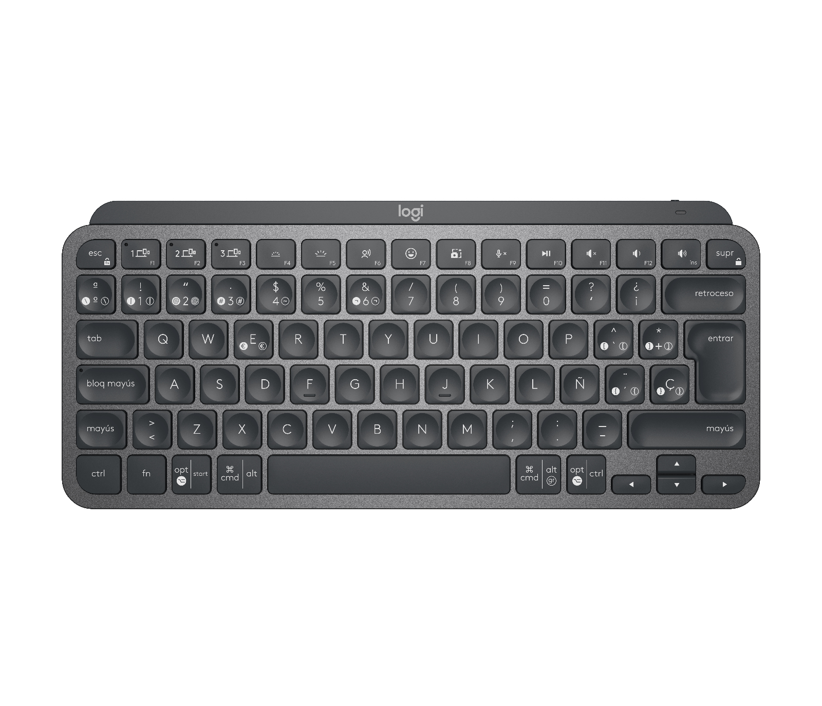 Una tastiera grigio scuro con un design minimalista, con un layout completo dei tasti, su una superficie bianca.