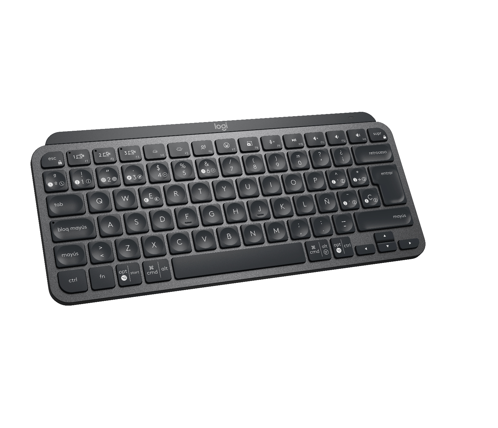 Tastiera Logitech grigio scuro. Sfondo bianco.